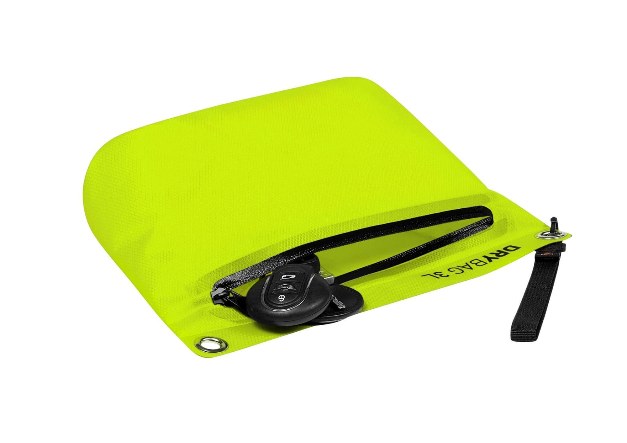 A bright yellow dry bag with a zipper, featuring a key holder inside and a loop for attachment.
