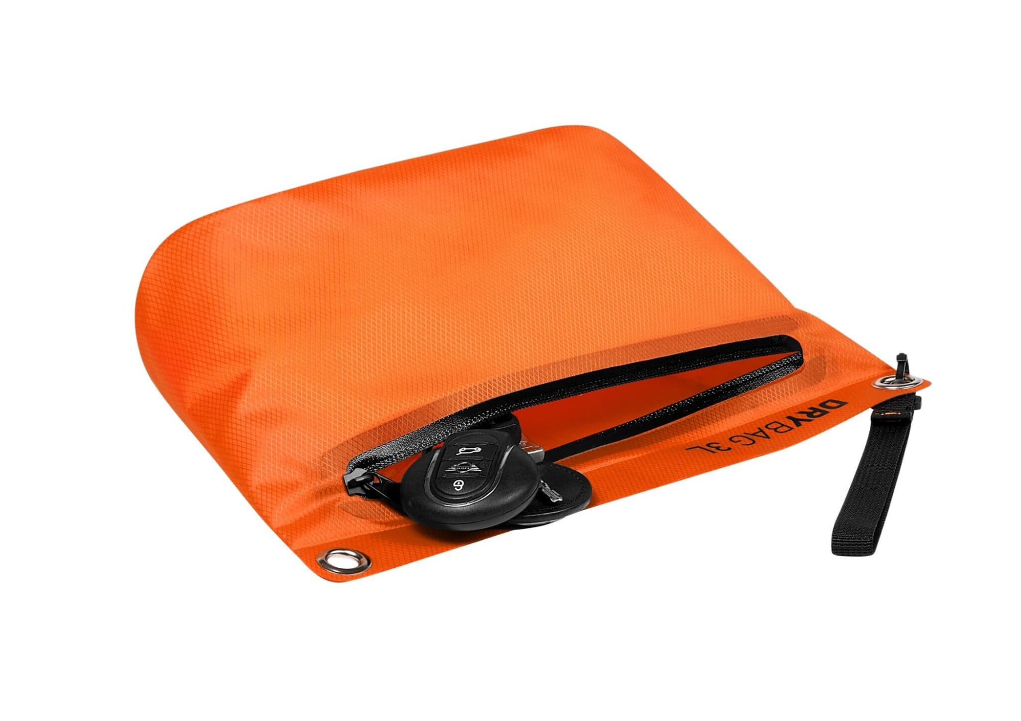 An orange dry bag with a zip closure, featuring a key fob inside and a branded logo.
