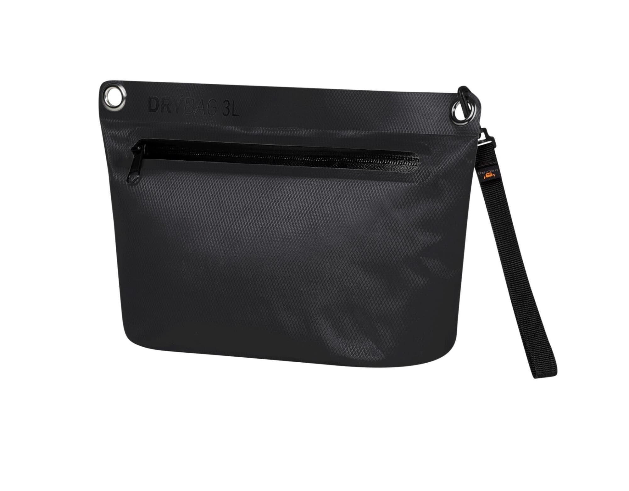 A black Drybag Zipper Bag with a zippered pocket and a strap, featuring a logo. Suitable for carrying various items.