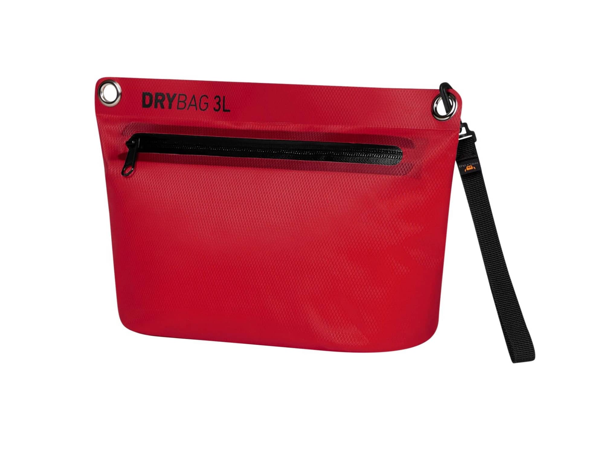 A red dry bag with a black zipper pocket and a detachable strap, featuring a logo.