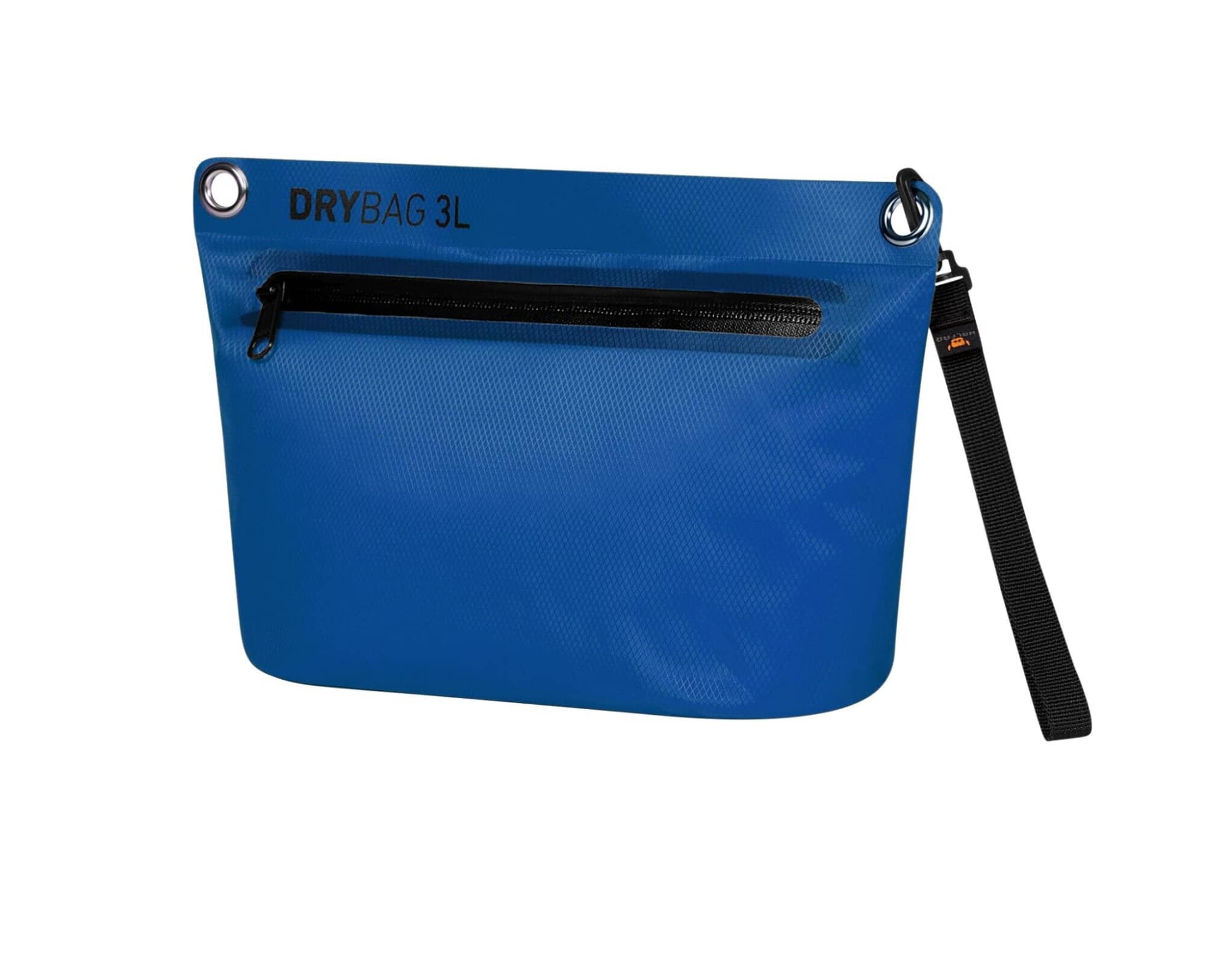 A blue Drybag Zipper Bag with a black zippered pocket and a detachable strap, featuring a logo.
