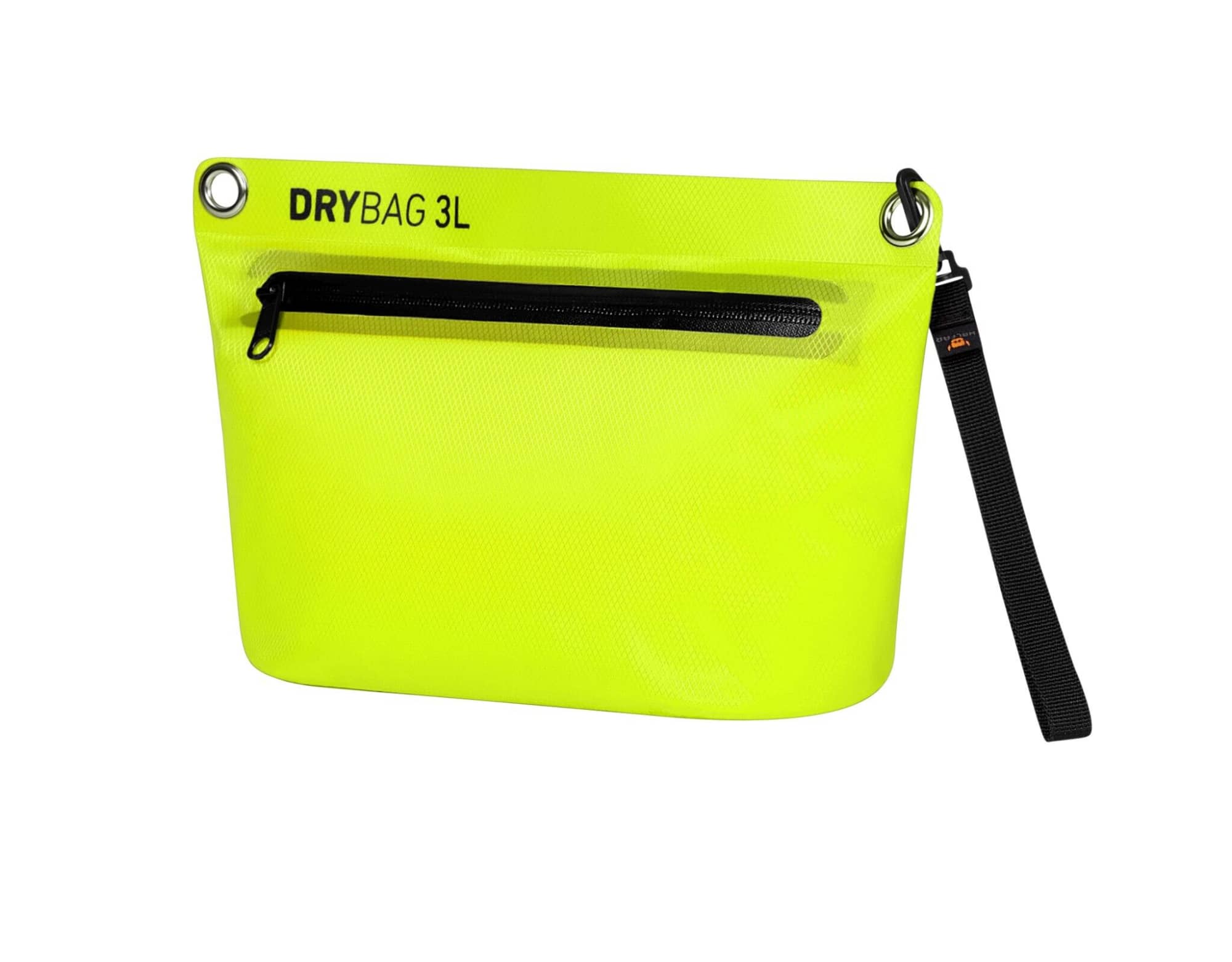 A bright yellow Drybag Zipper Bag featuring a black zippered pocket and a removable strap. It has a logo on the front.