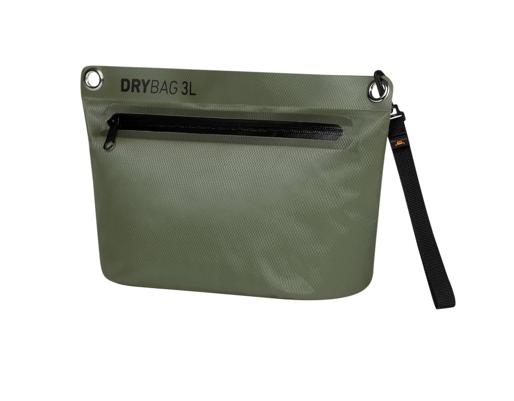 A green Drybag Zipper Bag with a black zipper and a strap, featuring a logo.