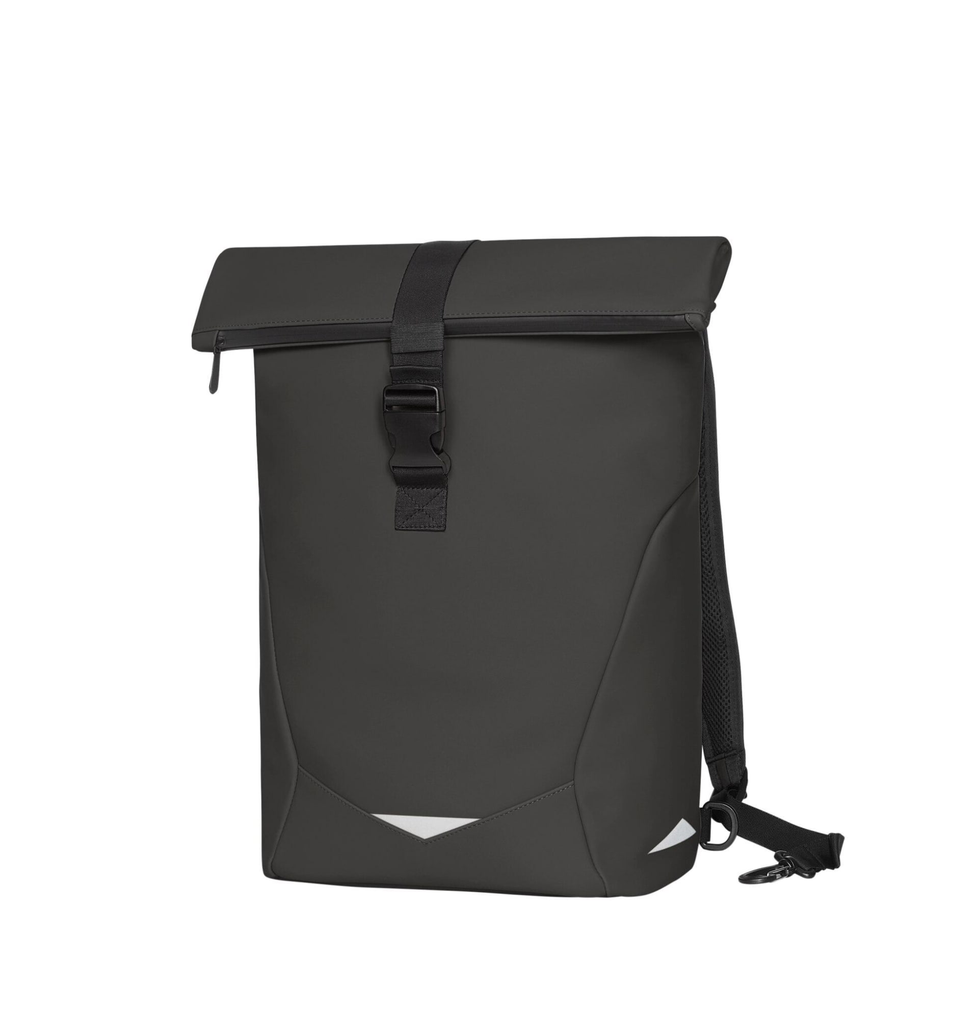 A dark grey backpack features a roll-top design and a secure buckle strap, with mesh detailing on one side.