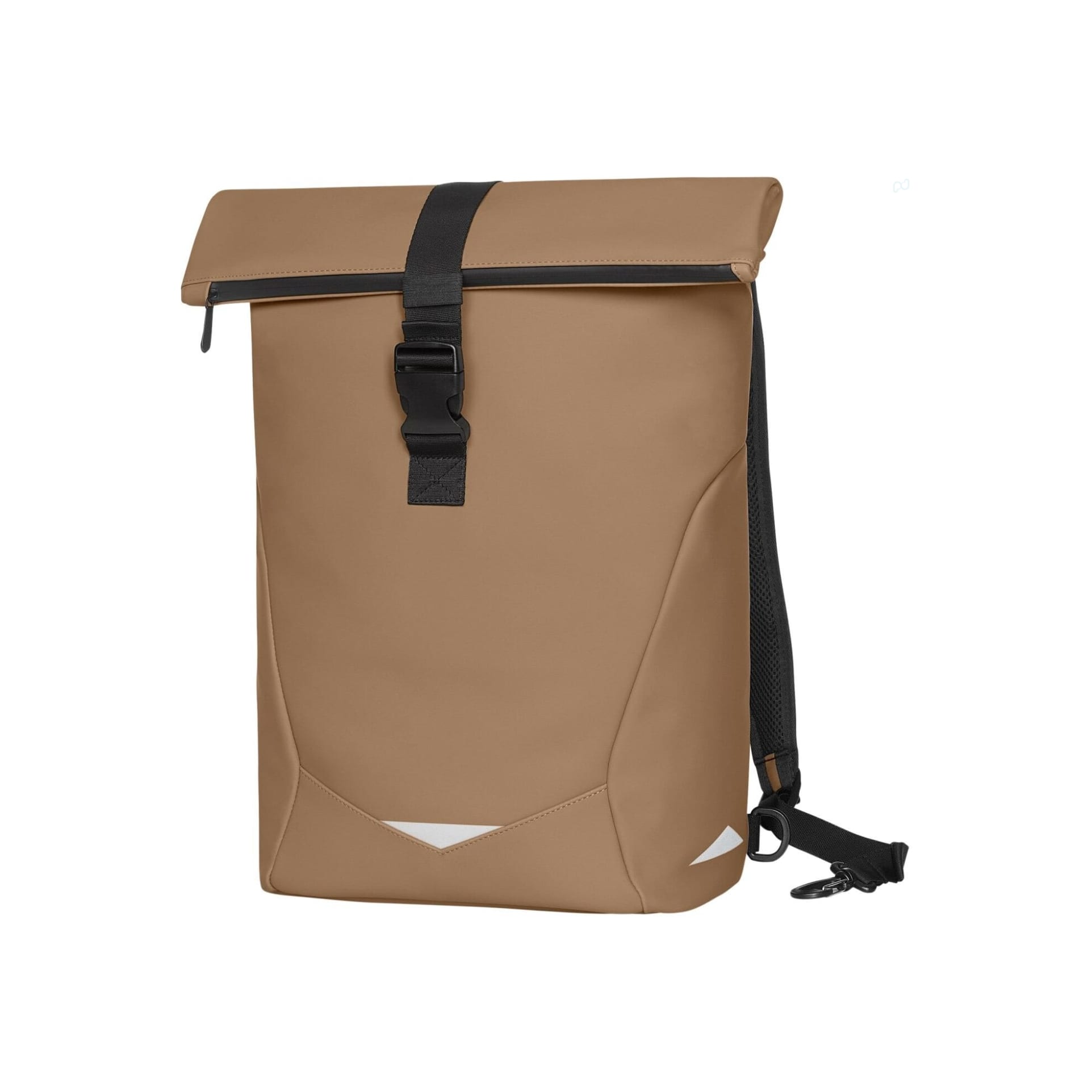 A tan and black backpack with a roll-top closure and adjustable straps, featuring a logo on the side.