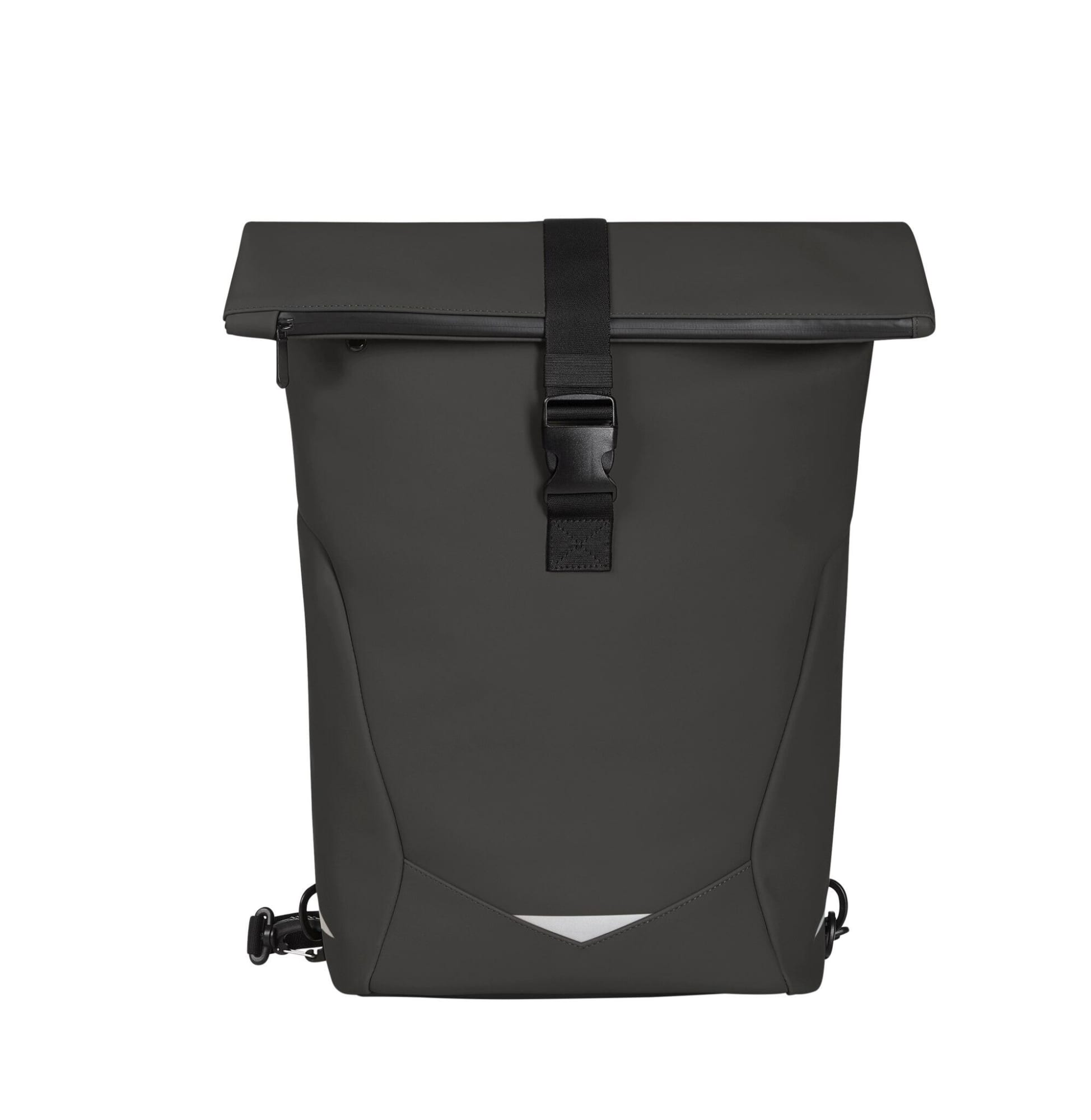 A black waterproof backpack featuring a roll-top closure, adjustable straps, and a logo on the front.