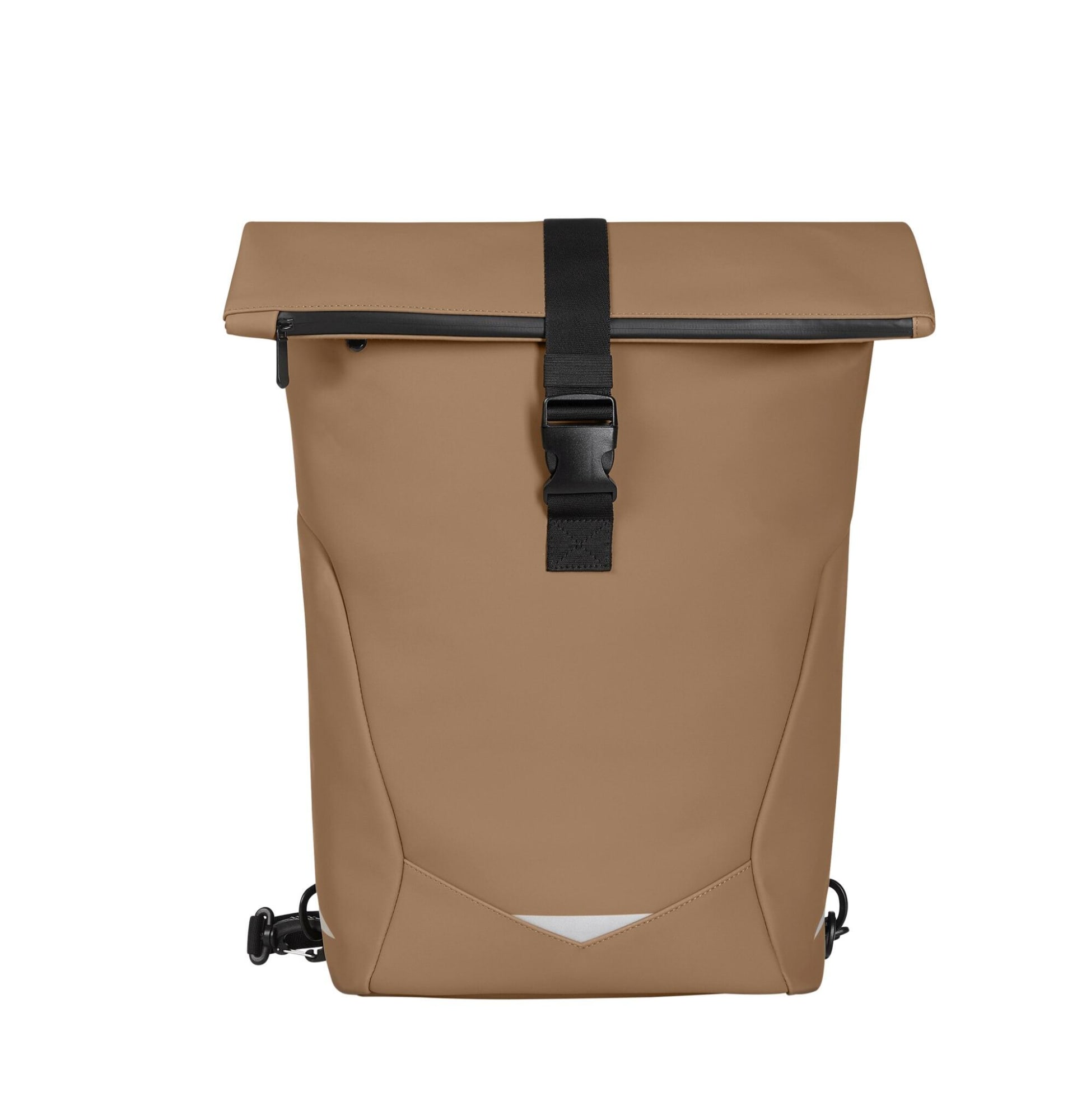 A tan roll-top backpack with a black strap and buckle, featuring a sleek design and minimalistic styling.