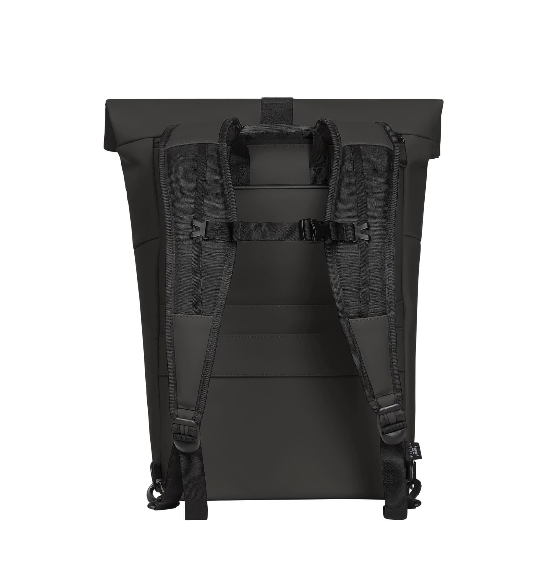 A black backpack with adjustable straps and a roll-top design. Features a simple, sleek silhouette with a branding logo.