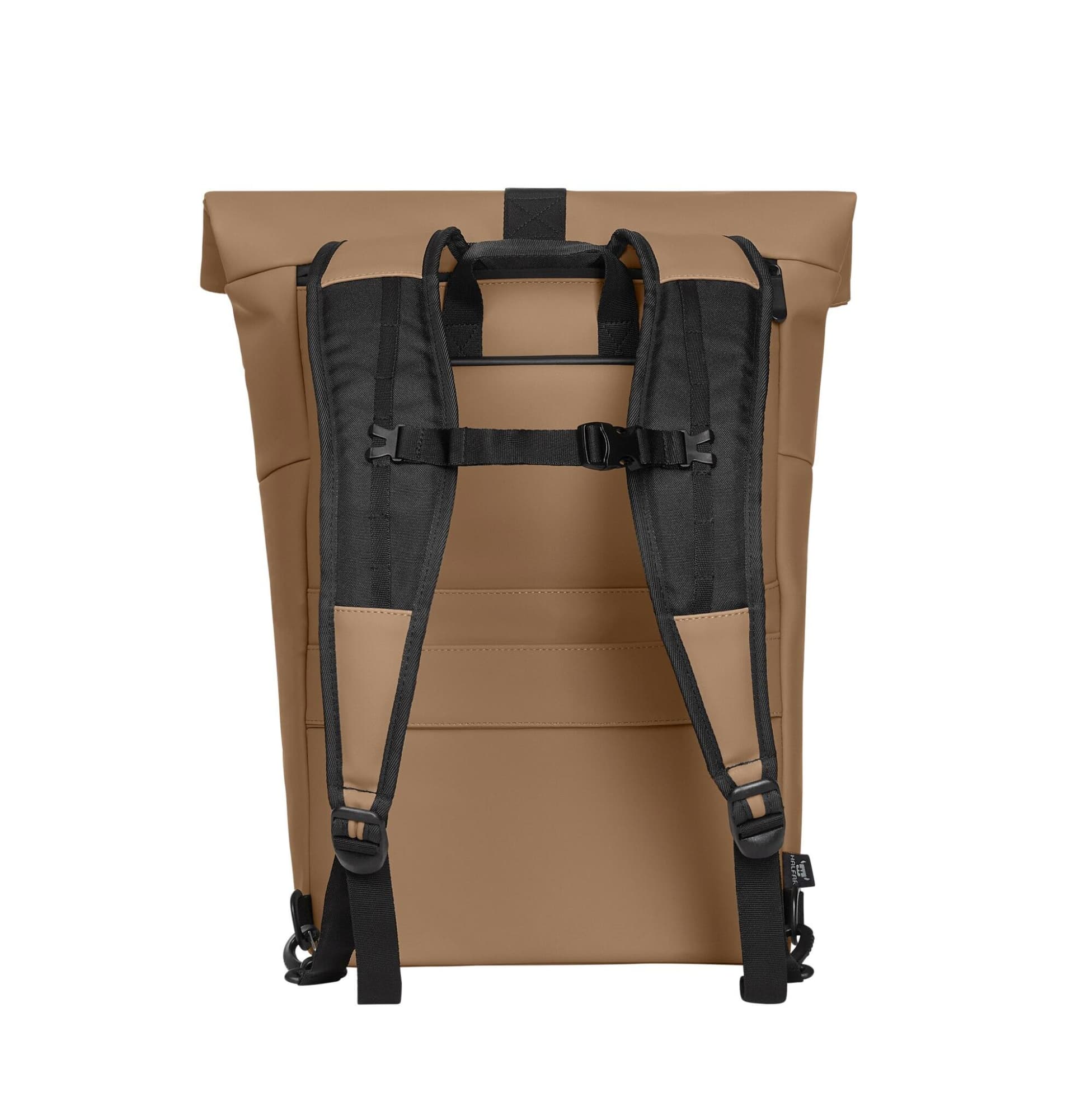 A brown backpack with black straps and a roll-top design. It features adjustable padded shoulder straps and a logo.