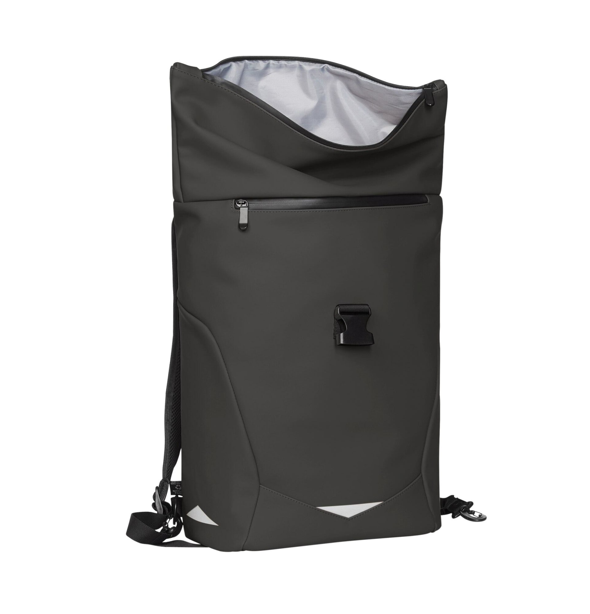 A black backpack with a roll-top closure, featuring a front zip pocket and an adjustable strap. It has a logo.