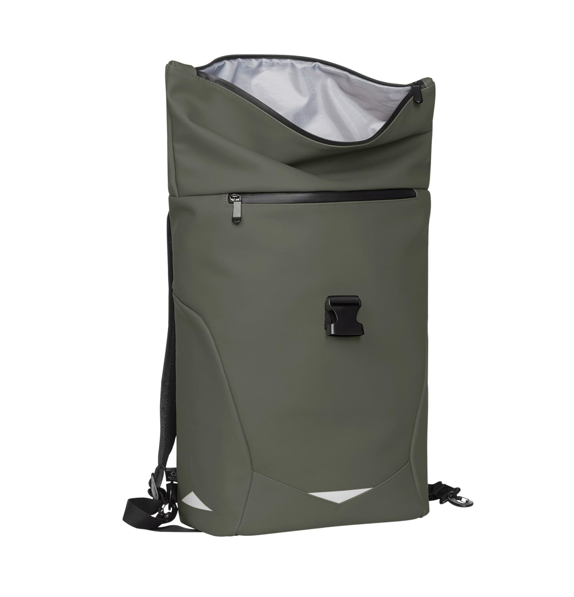 A green backpack with a roll-top closure and exterior zip pocket, featuring a logo and adjustable straps.