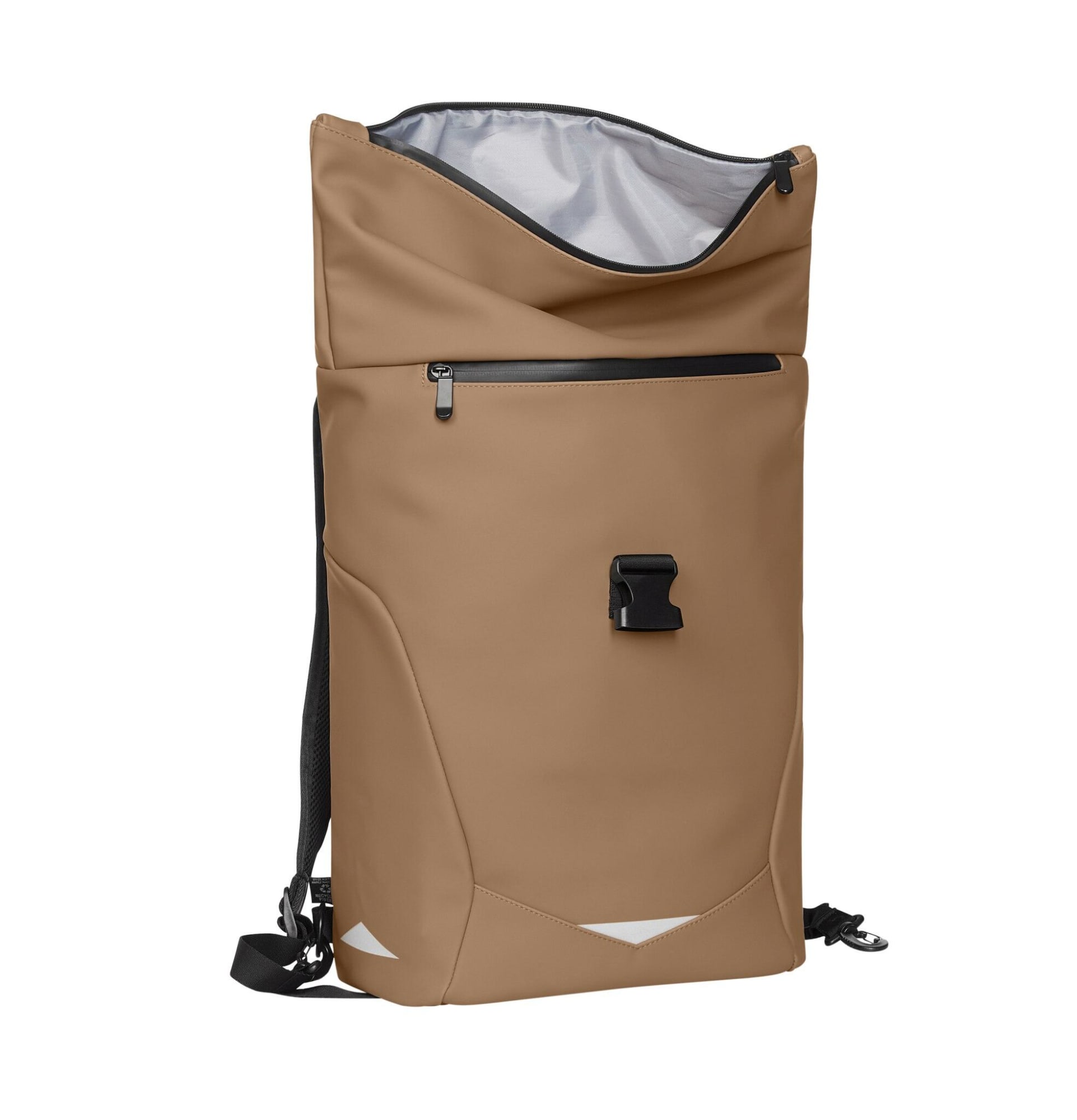 A brown backpack with a fold-over top, zippered pocket, and adjustable straps, featuring a logo on the front.