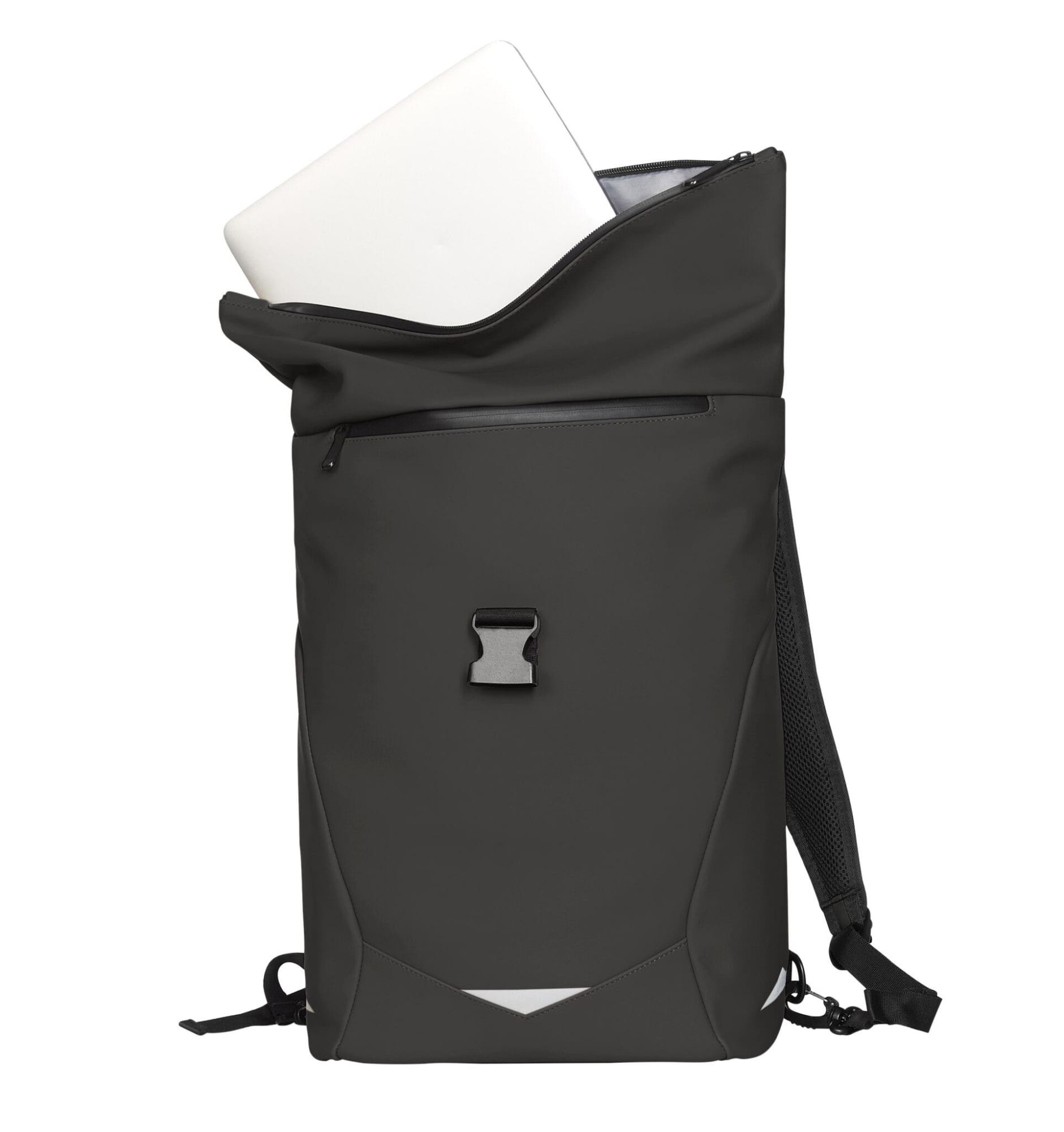 A black backpack with a roll-top design, featuring a zippered compartment and a laptop inside. It has a logo on the front.
