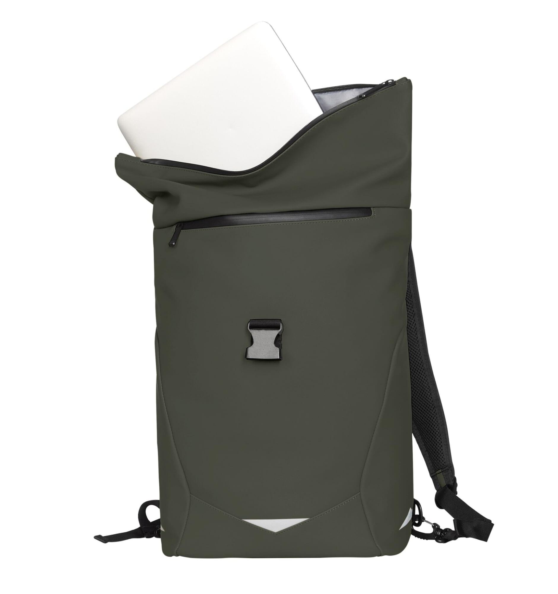 A dark green backpack with a roll-top design and a hidden laptop compartment, featuring an adjustable strap and a logo.