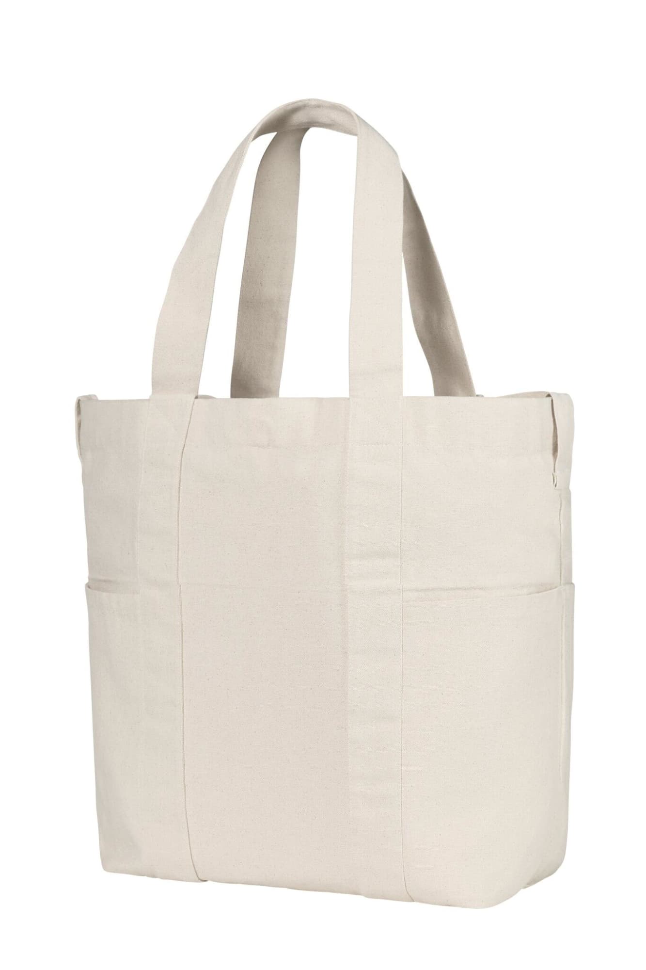 A light beige tote bag with two large side pockets and sturdy handles, featuring a logo.