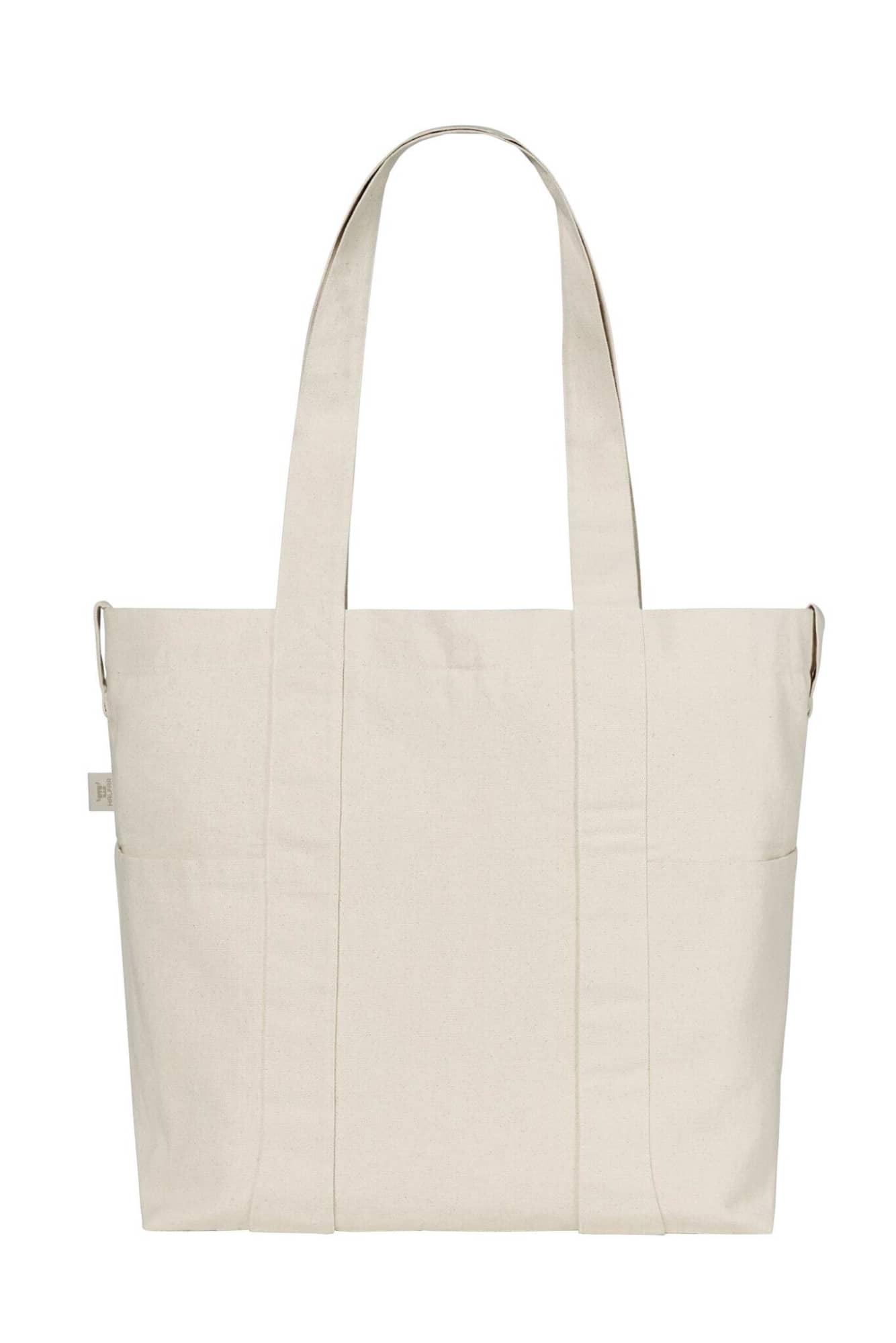 A beige tote bag with two sturdy straps and a simple, functional design. The bag features a logo on one side.