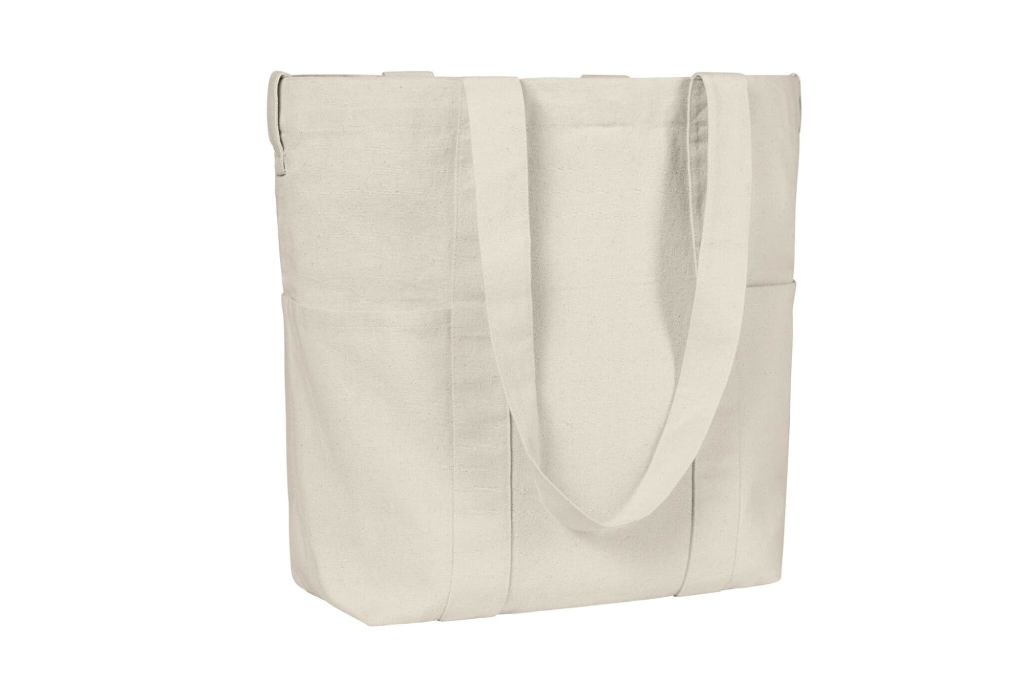 A beige organic tote bag with two sturdy handles and side pockets, featuring a minimalist design and a logo.