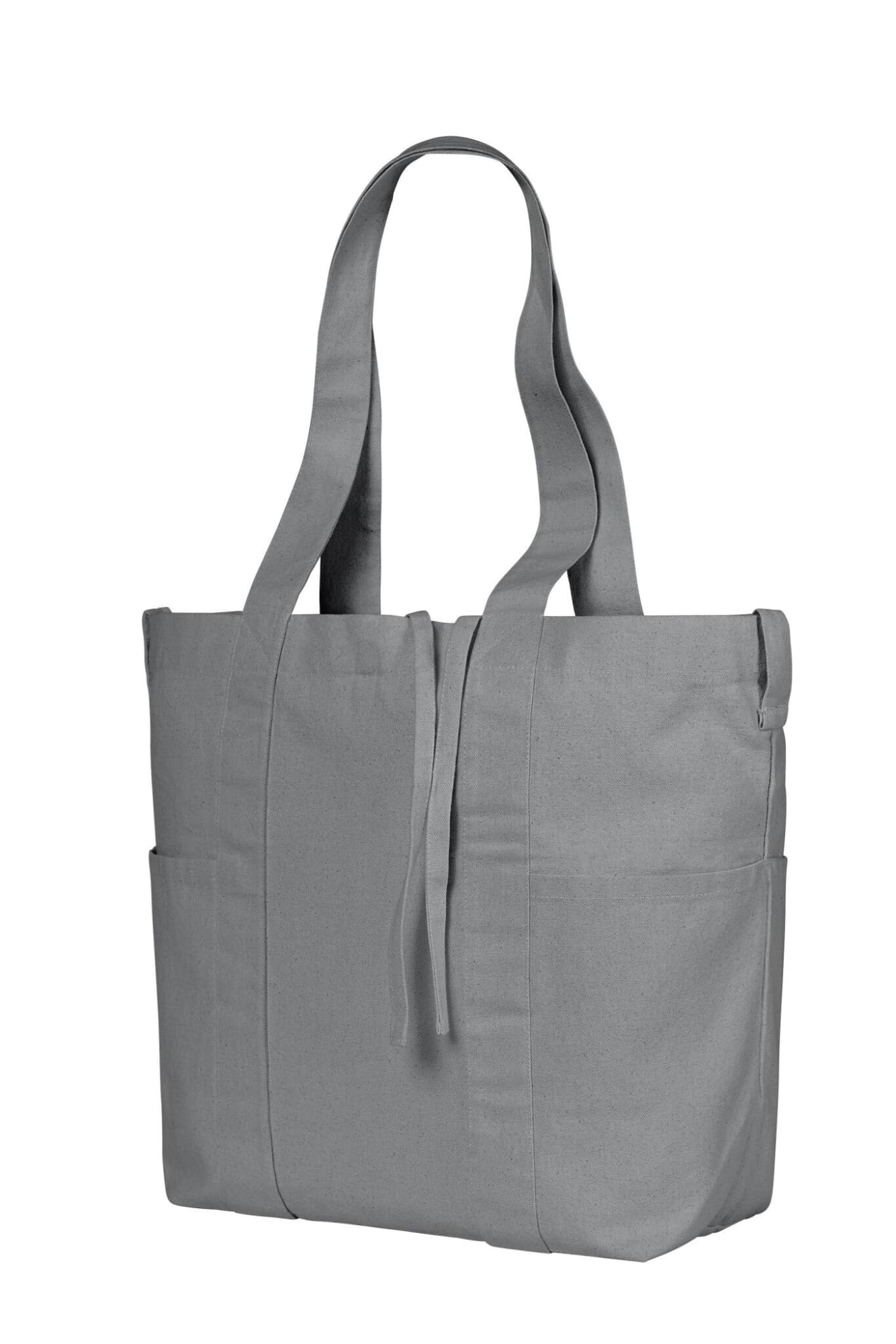 A grey tote bag with two side pockets and long handles, featuring a branded logo.