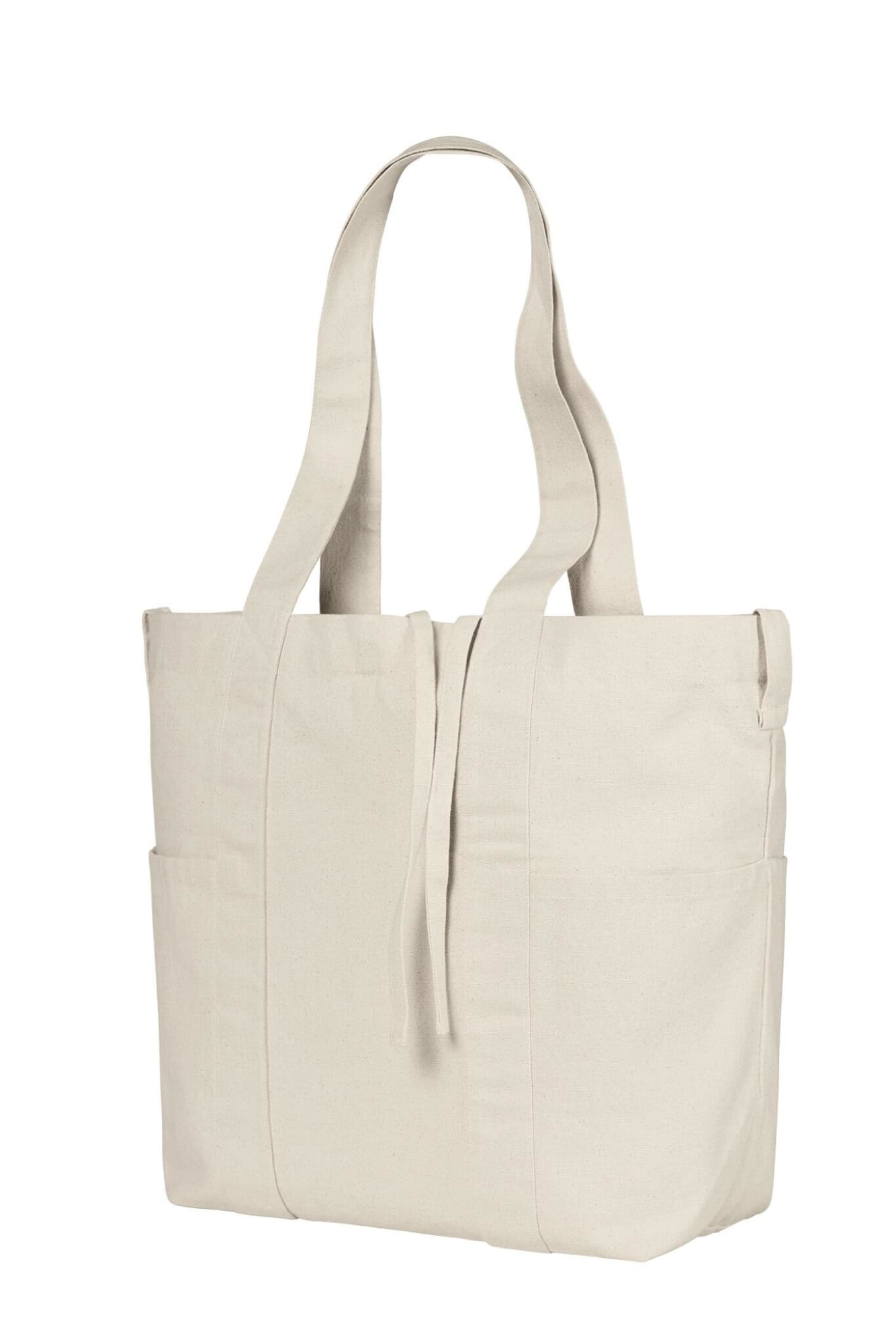A light beige tote bag with long handles and side pockets, featuring a simple design and a logo.