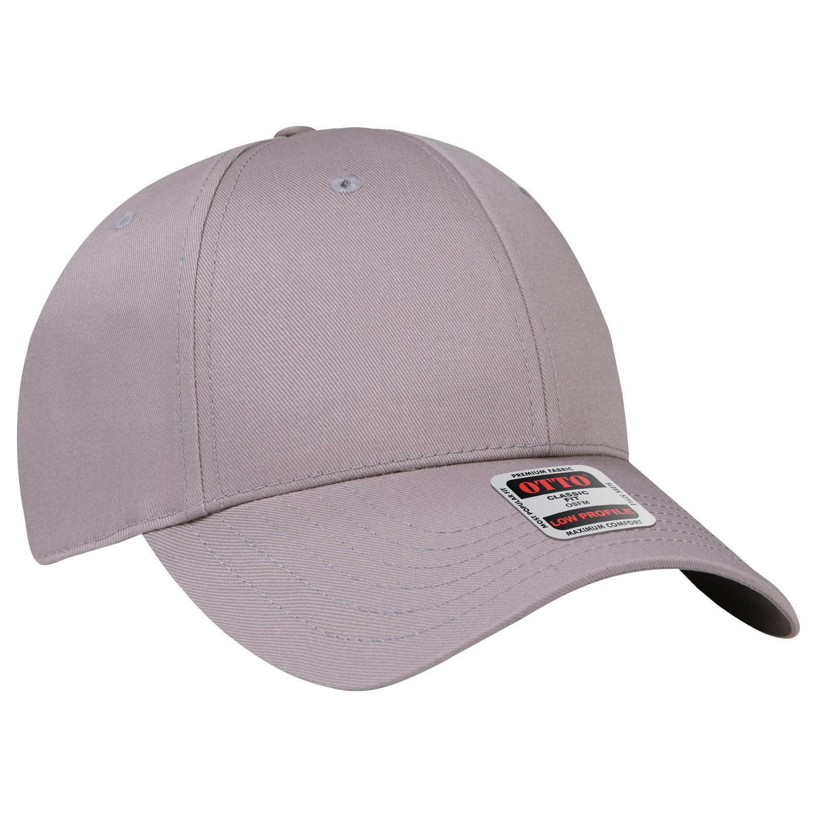 6 Panel Low Profile Baseball Cap C3-19-061 A grey 6-panel low profile baseball cap with a curved brim and a logo label.