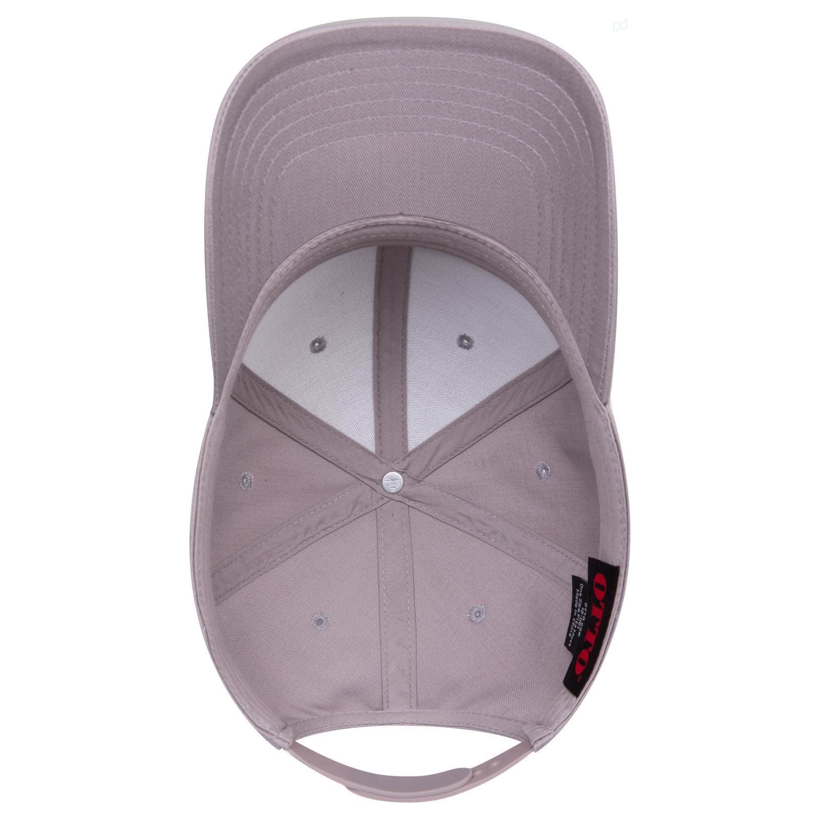 6 Panel Low Profile Baseball Cap C3-19-061 A grey 6 panel low profile baseball cap with a curved brim and an internal sweatband, featuring a logo.