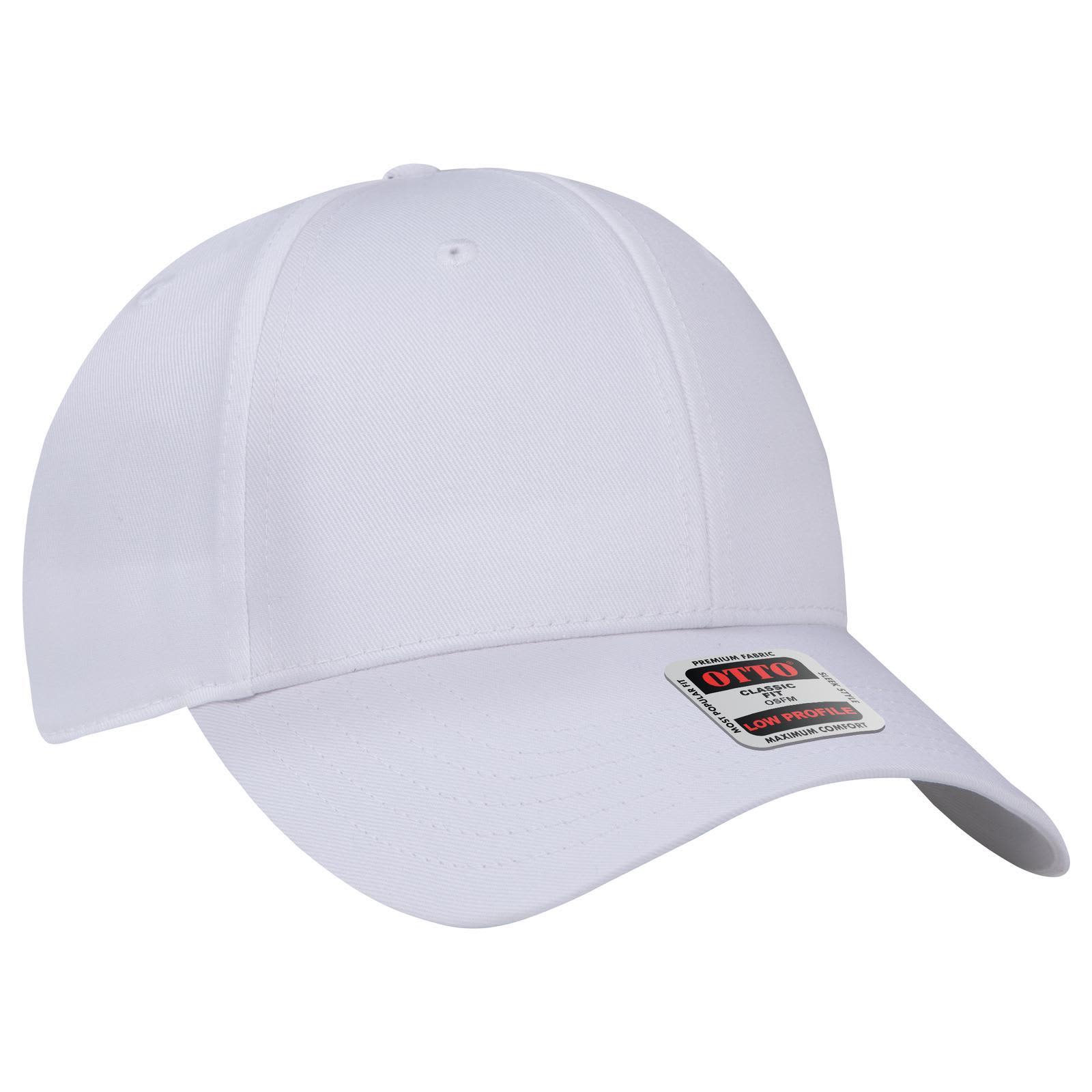 6 Panel Low Profile Baseball Cap C3-19-061 A white 6 panel low profile baseball cap with a branded tag on the side.