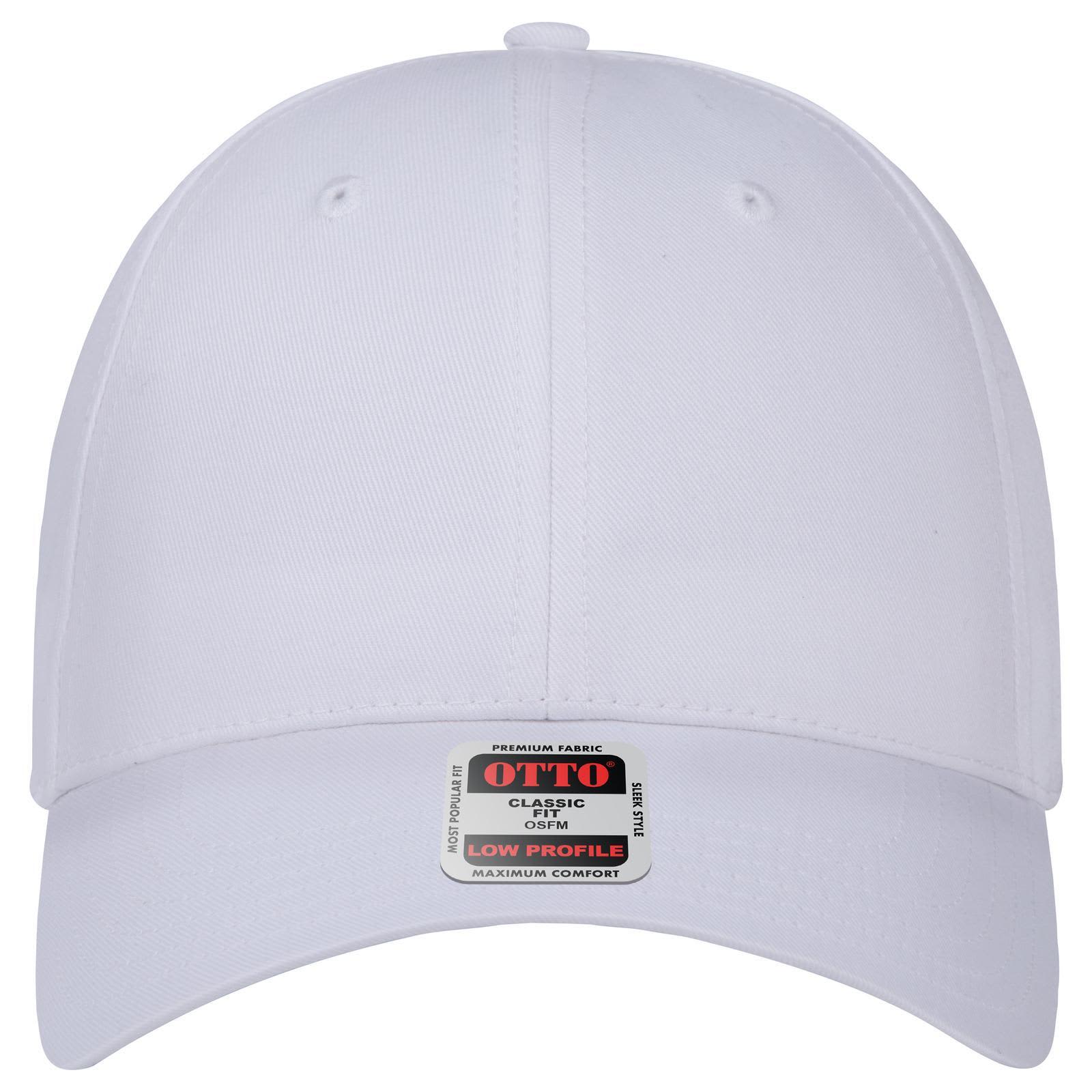 6 Panel Low Profile Baseball Cap C3-19-061 A white low profile baseball cap featuring a logo on the front. The cap has six panels and a rounded crown.