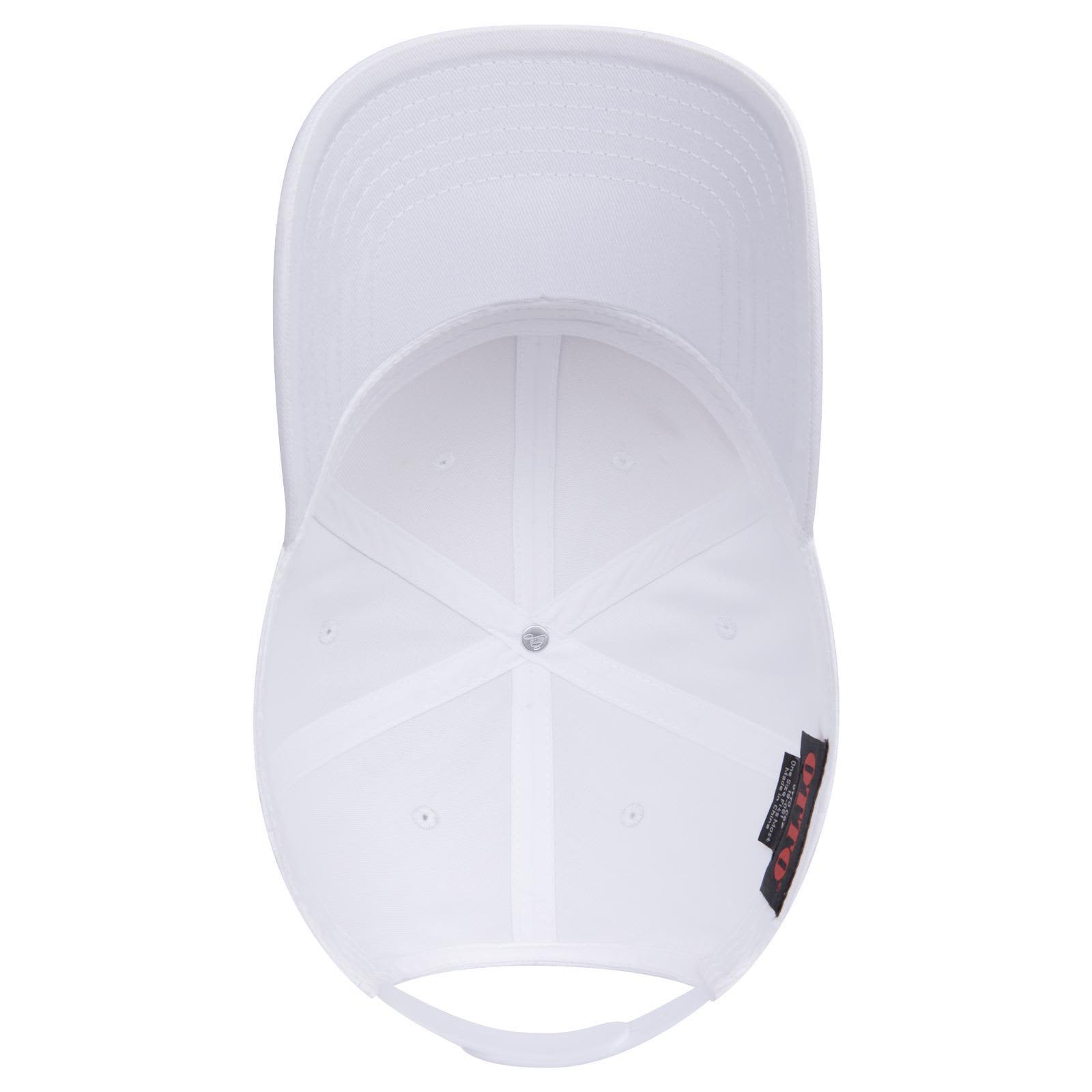 6 Panel Low Profile Baseball Cap C3-19-061 A white 6-panel low profile baseball cap with a curved brim and an inner label. It has a logo on the side.