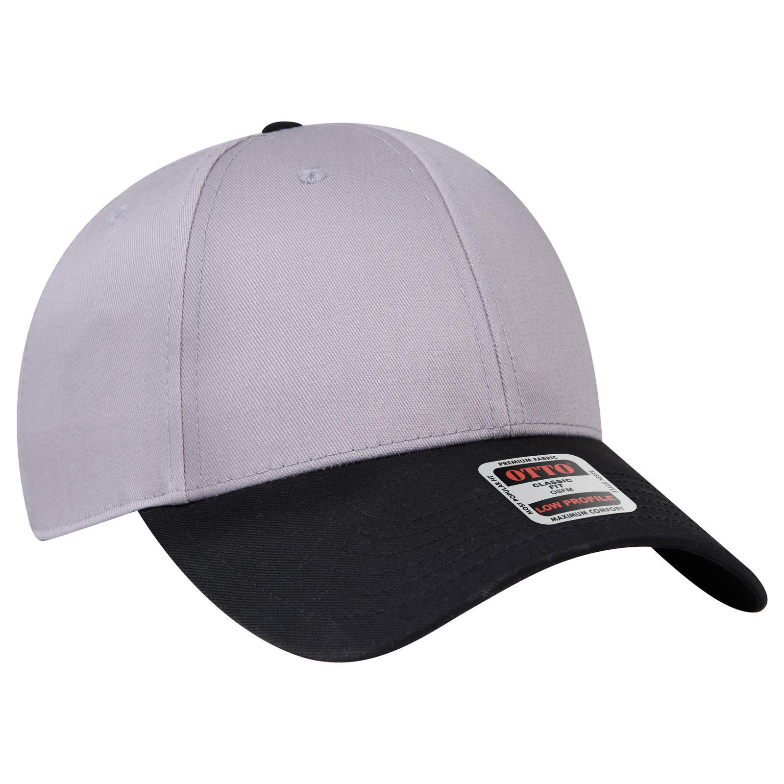6 Panel Low Profile Baseball Cap C3-19-061 A grey and black 6-panel low profile baseball cap with a logo on the front.