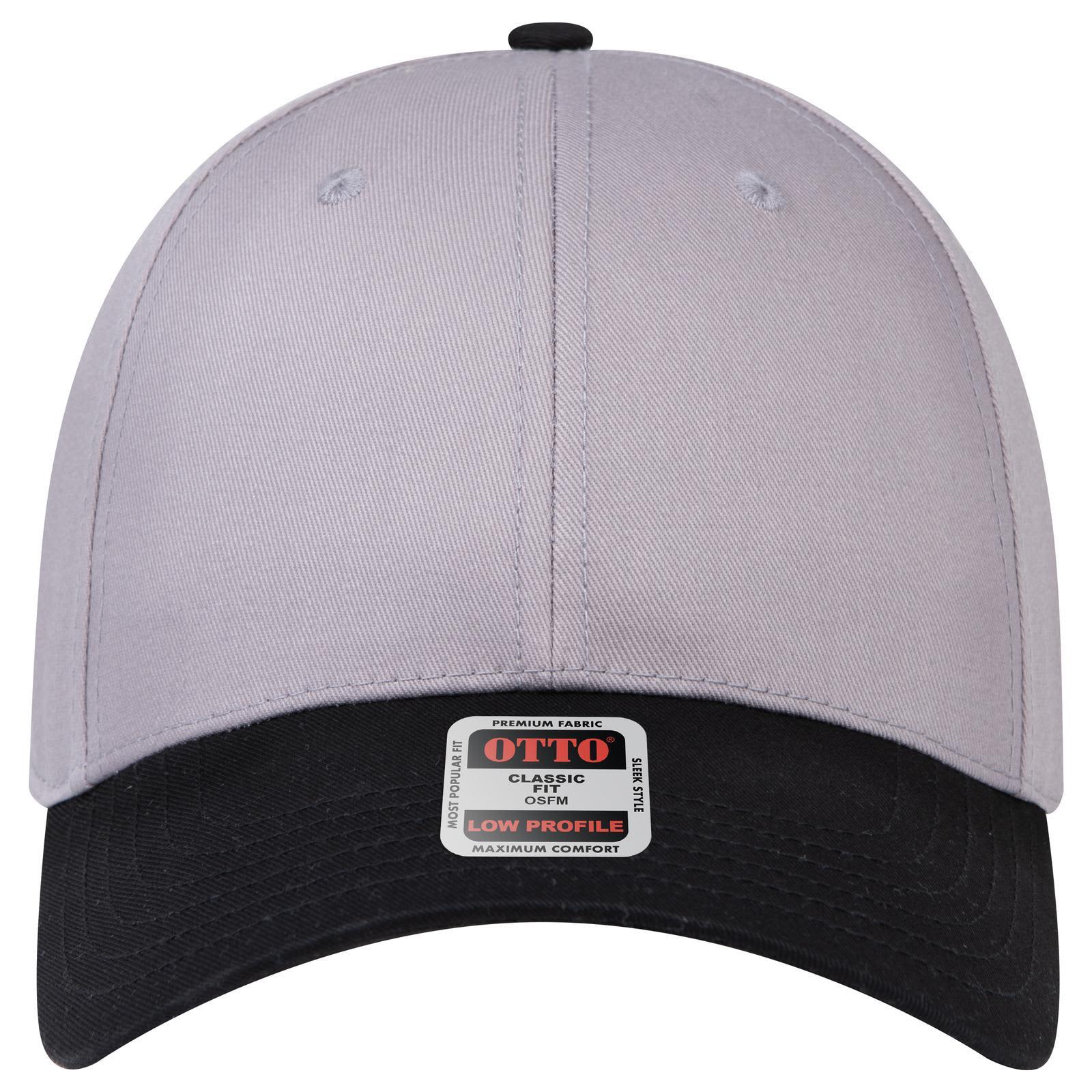 6 Panel Low Profile Baseball Cap C3-19-061 A grey and black six-panel low profile baseball cap with a logo on the front.