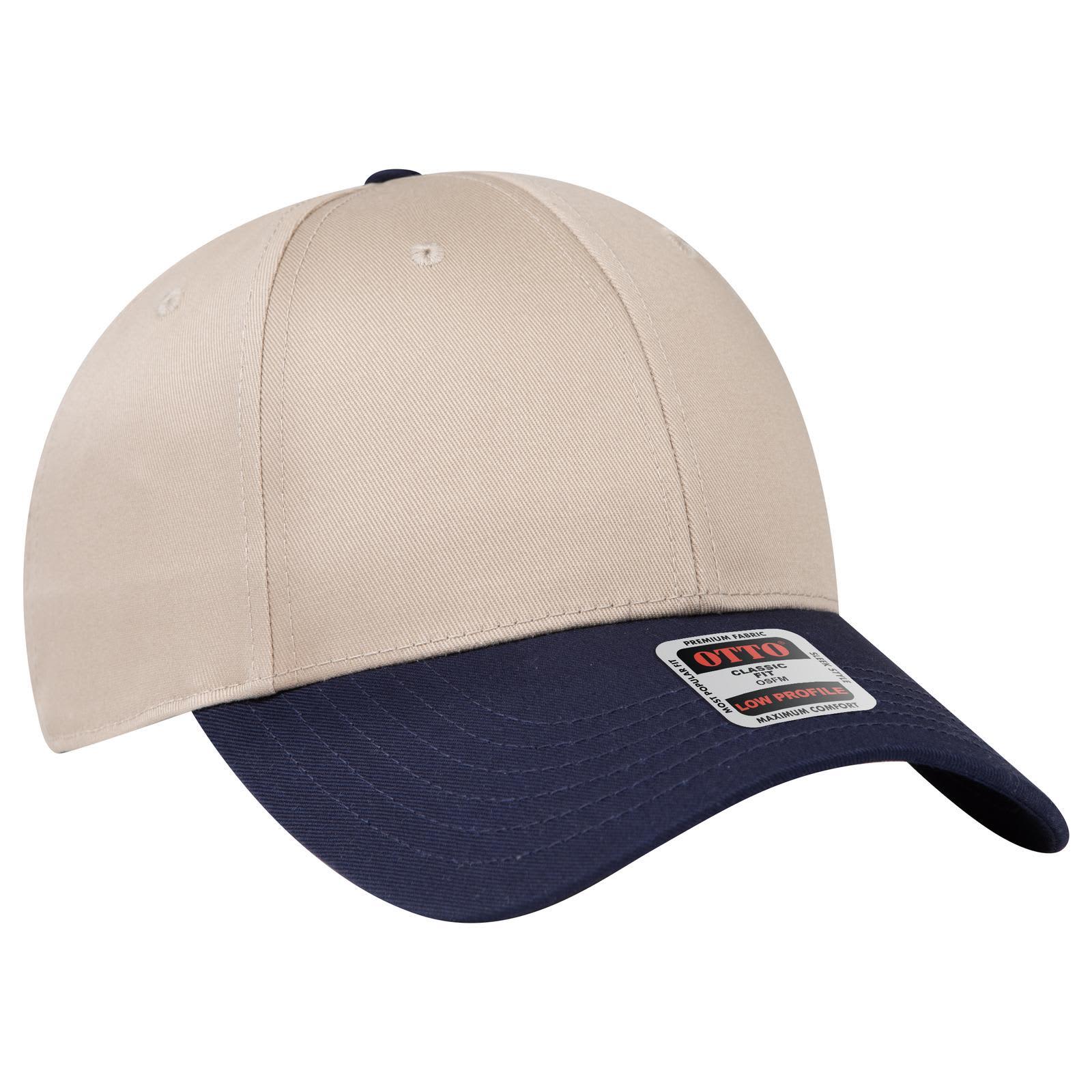 6 Panel Low Profile Baseball Cap C3-19-061 A beige and navy blue six-panel low-profile baseball cap featuring a logo on the front.