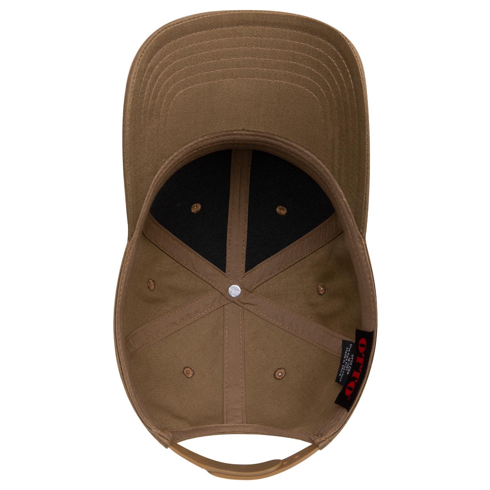 6 Panel Low Profile Baseball Cap C3-19-061 A brown 6-panel low-profile baseball cap with a black interior and a logo.
