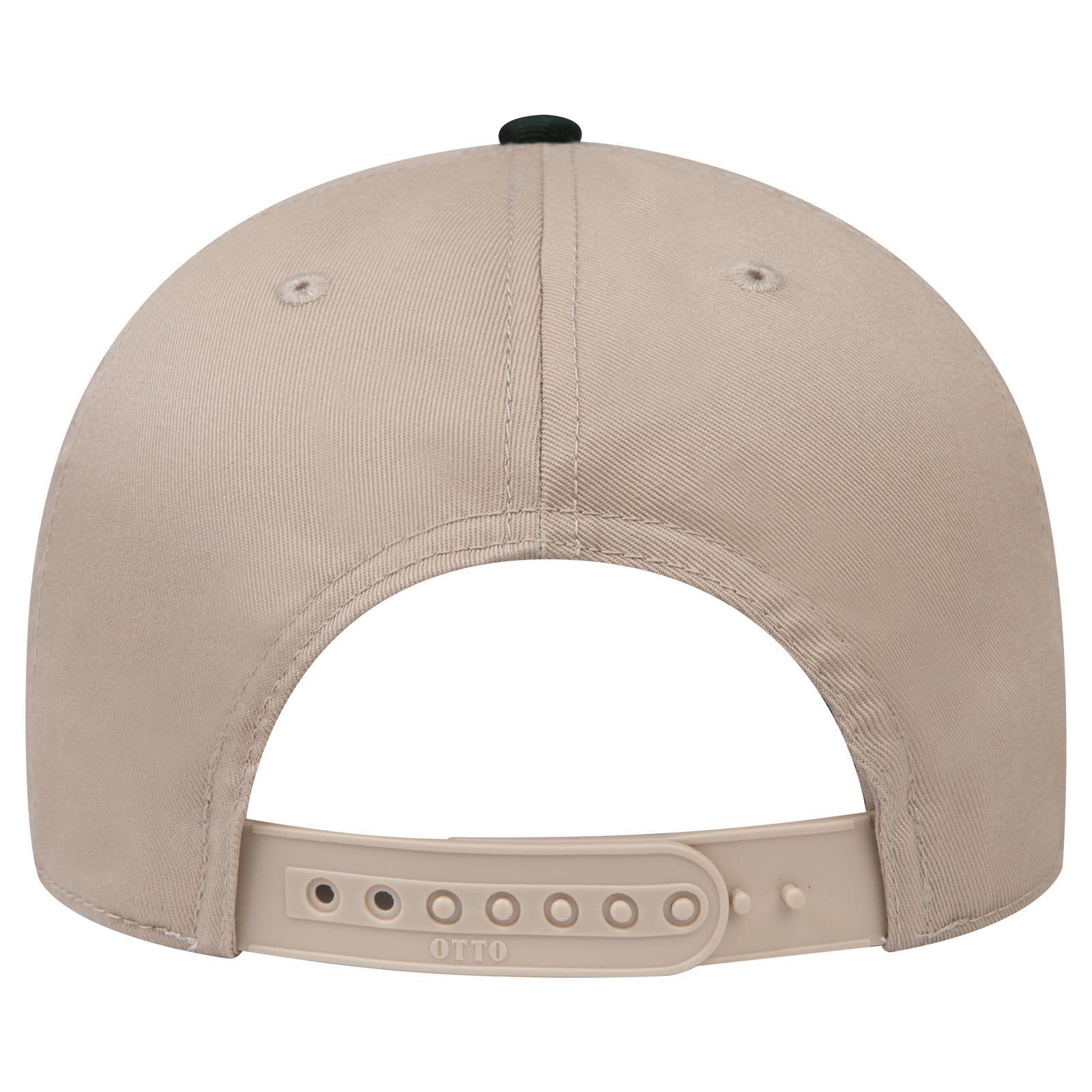 6 Panel Low Profile Baseball Cap C3-19-061 A beige low profile baseball cap with an adjustable strap and a single black button on the top. It features a logo.