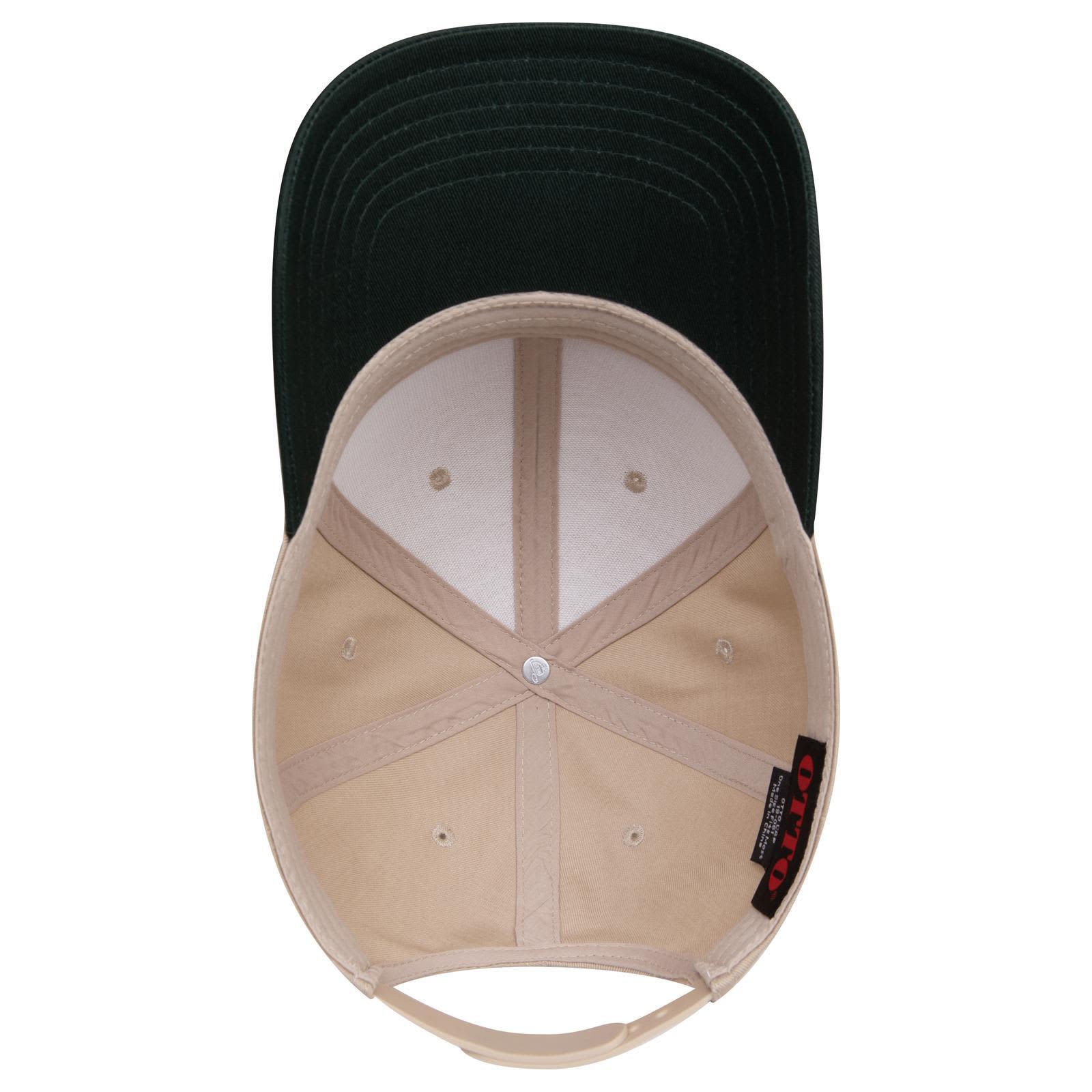 6 Panel Low Profile Baseball Cap C3-19-061 A low profile baseball cap in beige and dark green, featuring an inner lining and a logo.