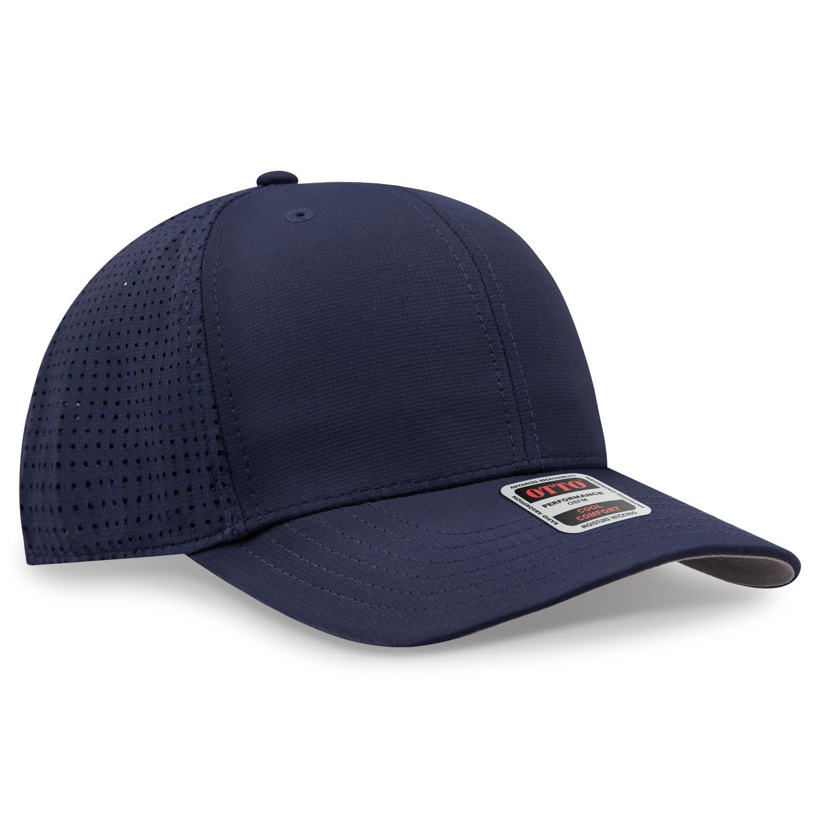 6 Panel Mid Profile Style Baseball Cap C3-27-2 A navy blue 6 panel mid profile baseball cap with a branded logo and textured side panels.