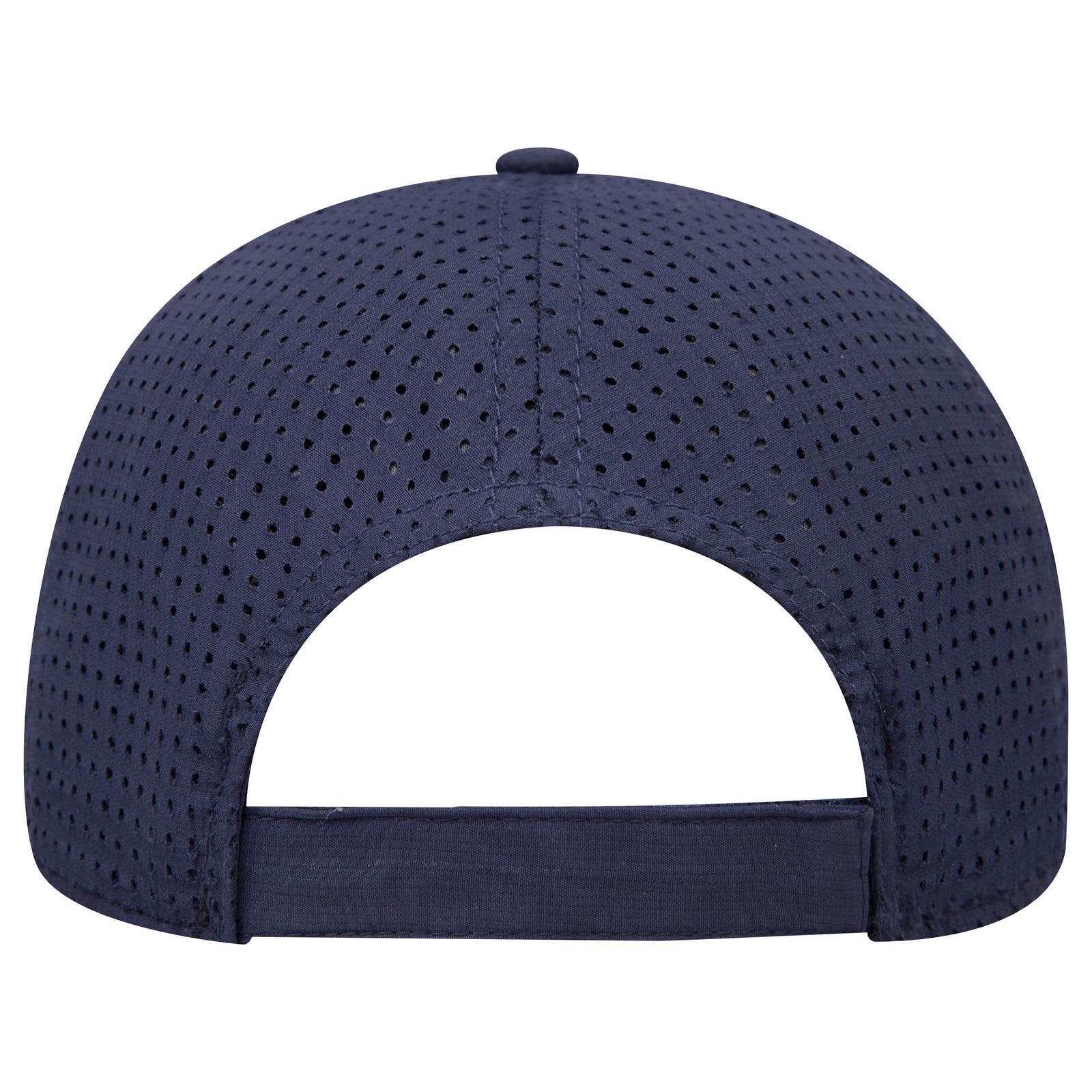 6 Panel Mid Profile Style Baseball Cap C3-27-2 A navy blue 6-panel mid profile style baseball cap with a perforated design and an adjustable strap at the back.