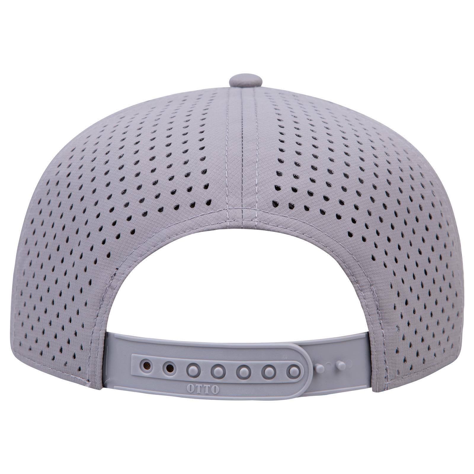 5 Panel Mid Profile Baseball Cap C3-31-4 A grey 5 panel mid profile baseball cap with perforated detailing and an adjustable strap at the back.