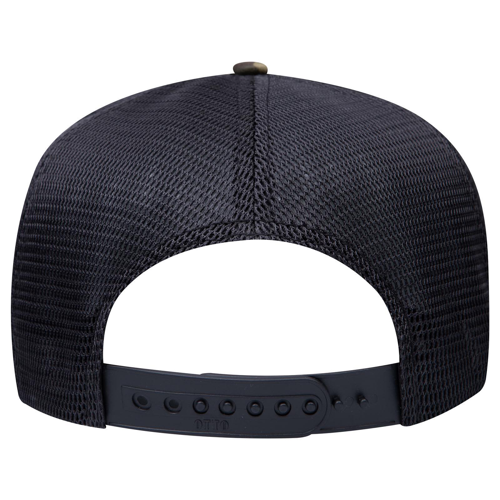 Comfy Fit 5 Panel High Crown Mesh Back Trucker Hat C3-39-167 A black high crown mesh back trucker hat with an adjustable strap and a logo on the back.
