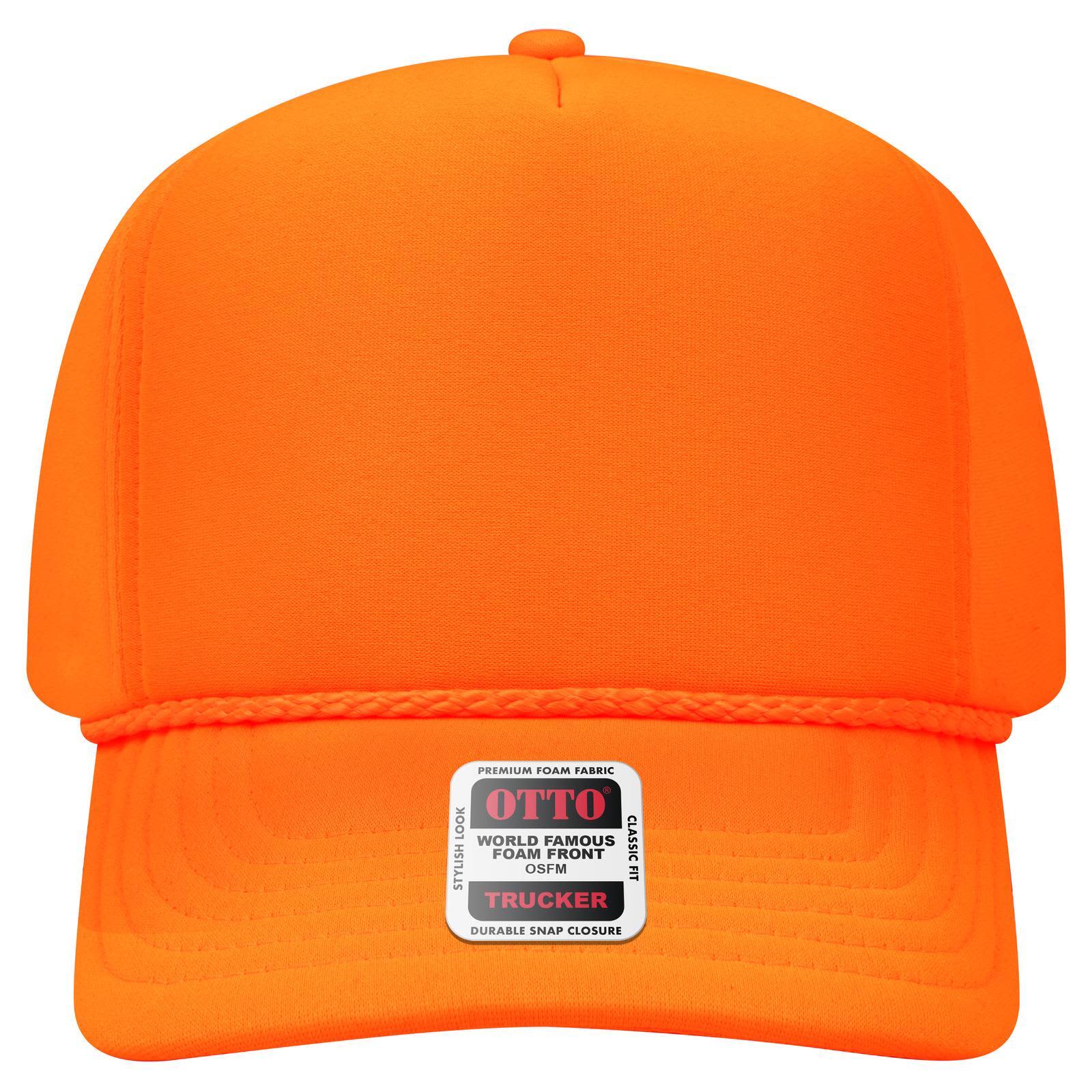 5 Panel High Crown Full Foam Cap C3-394-1 A bright orange 5 Panel High Crown Full Foam Cap with a durable snap closure and a logo label.