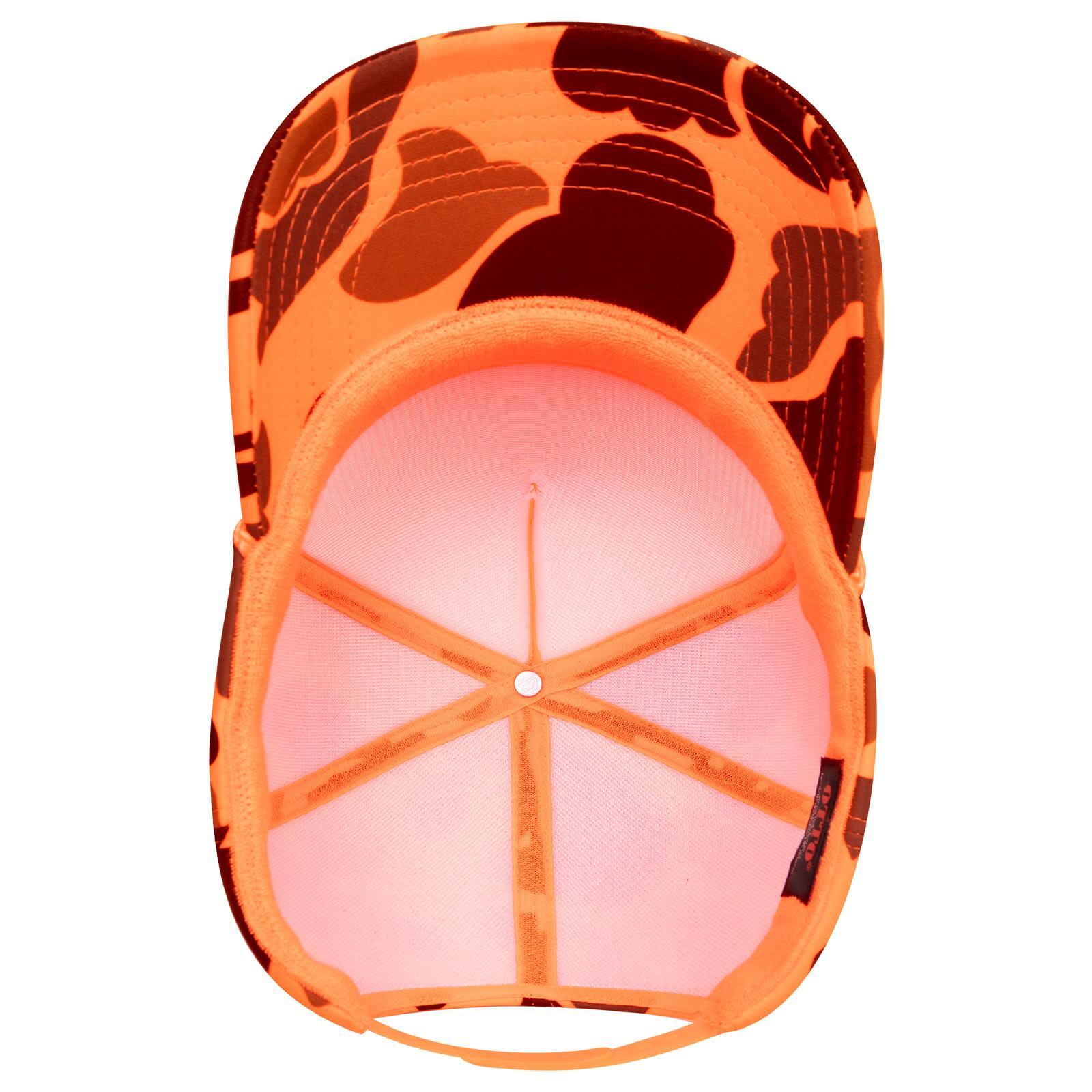 5 Panel High Crown Full Foam Cap C3-394-1 An orange camo 5 panel high crown full foam cap with a mesh interior and a logo.