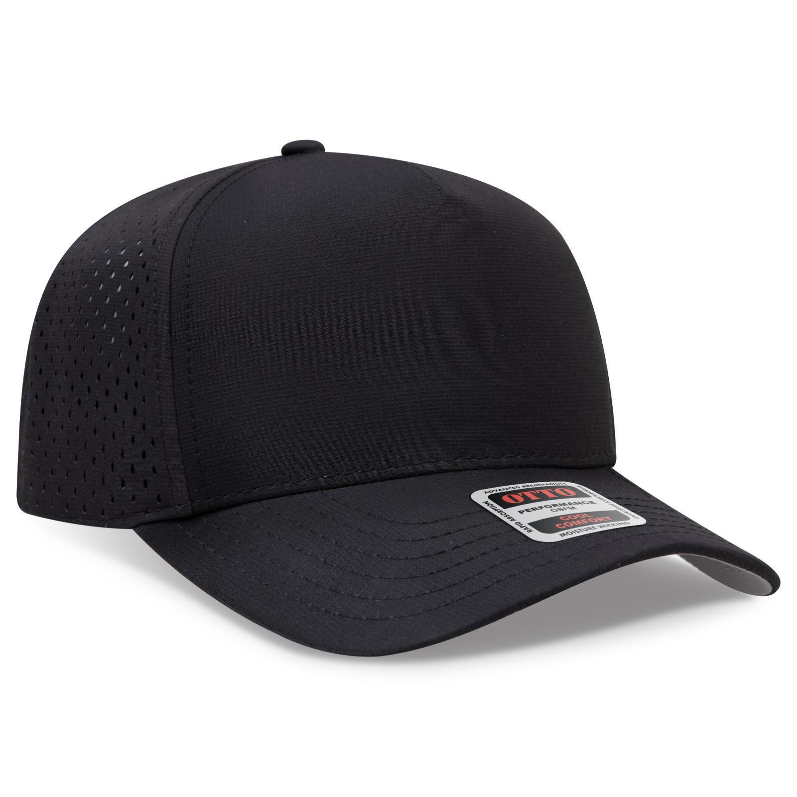 5 Panel Mid Profile Baseball Cap C3-31-4 A black 5 panel mid-profile baseball cap with a breathable mesh design and a label.