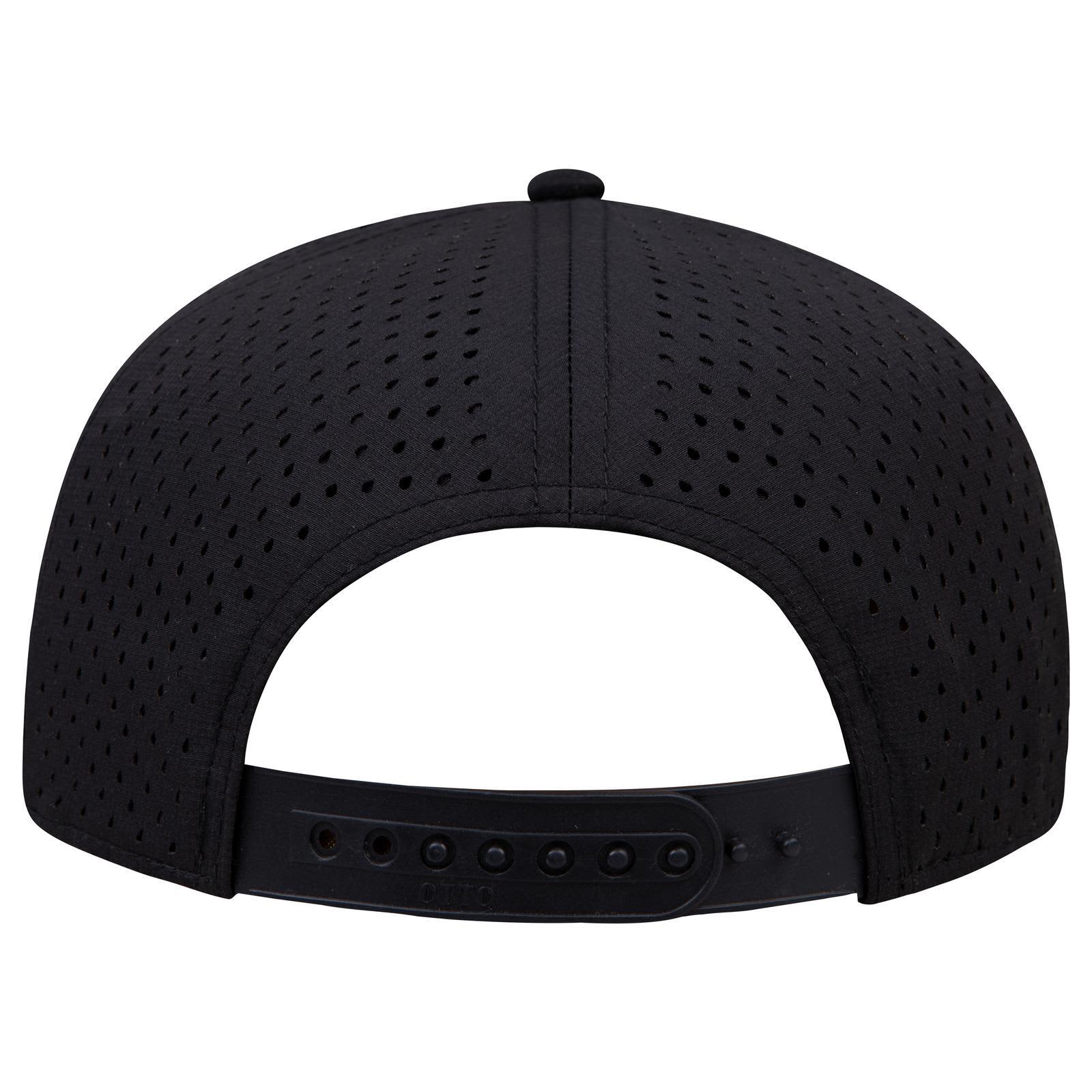 5 Panel Mid Profile Baseball Cap C3-31-4 A black 5 panel mid profile baseball cap featuring a perforated design and an adjustable strap at the back.