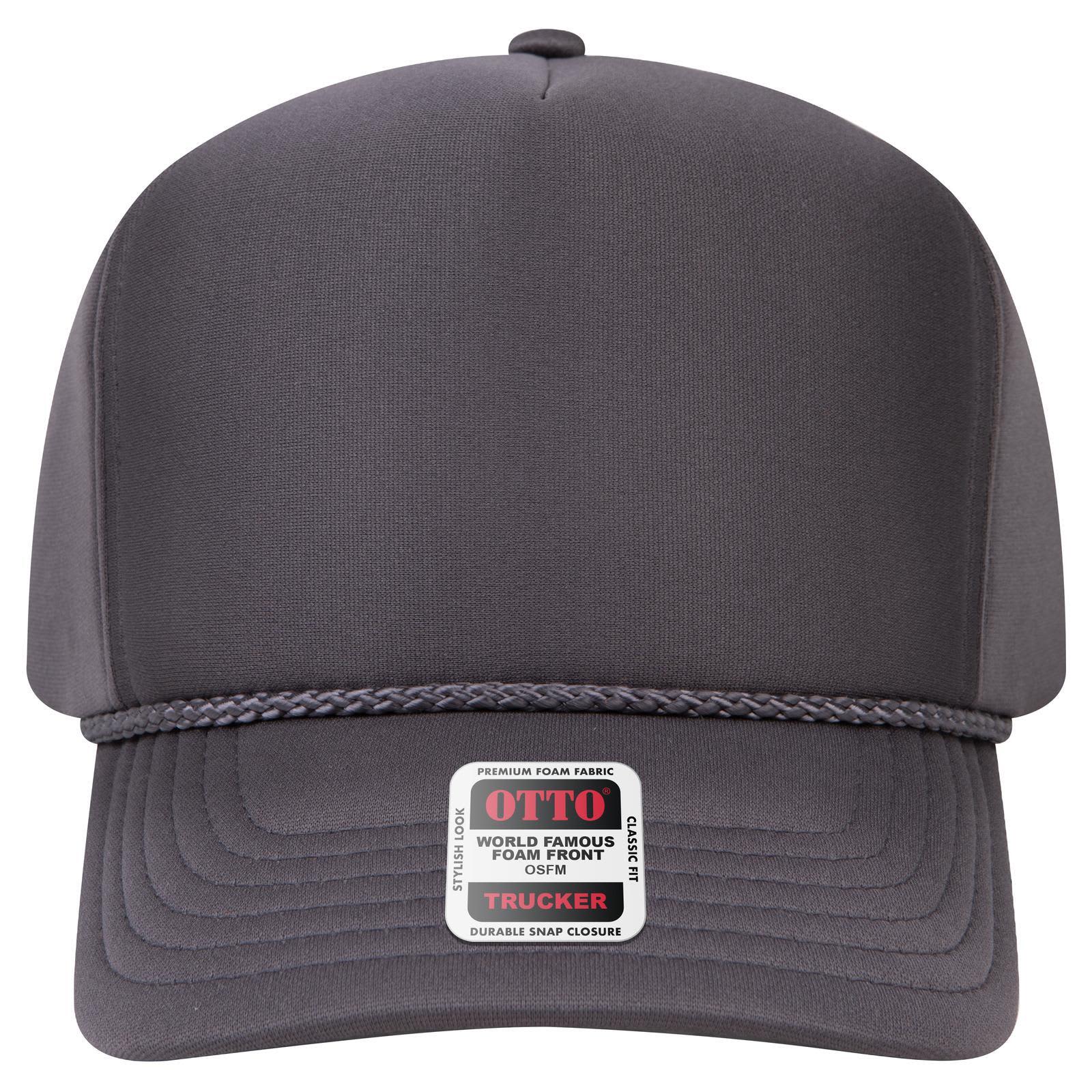 5 Panel High Crown Full Foam Cap C3-394-1 A grey 5 panel high crown full foam cap with a braided strap and a small logo on the front.