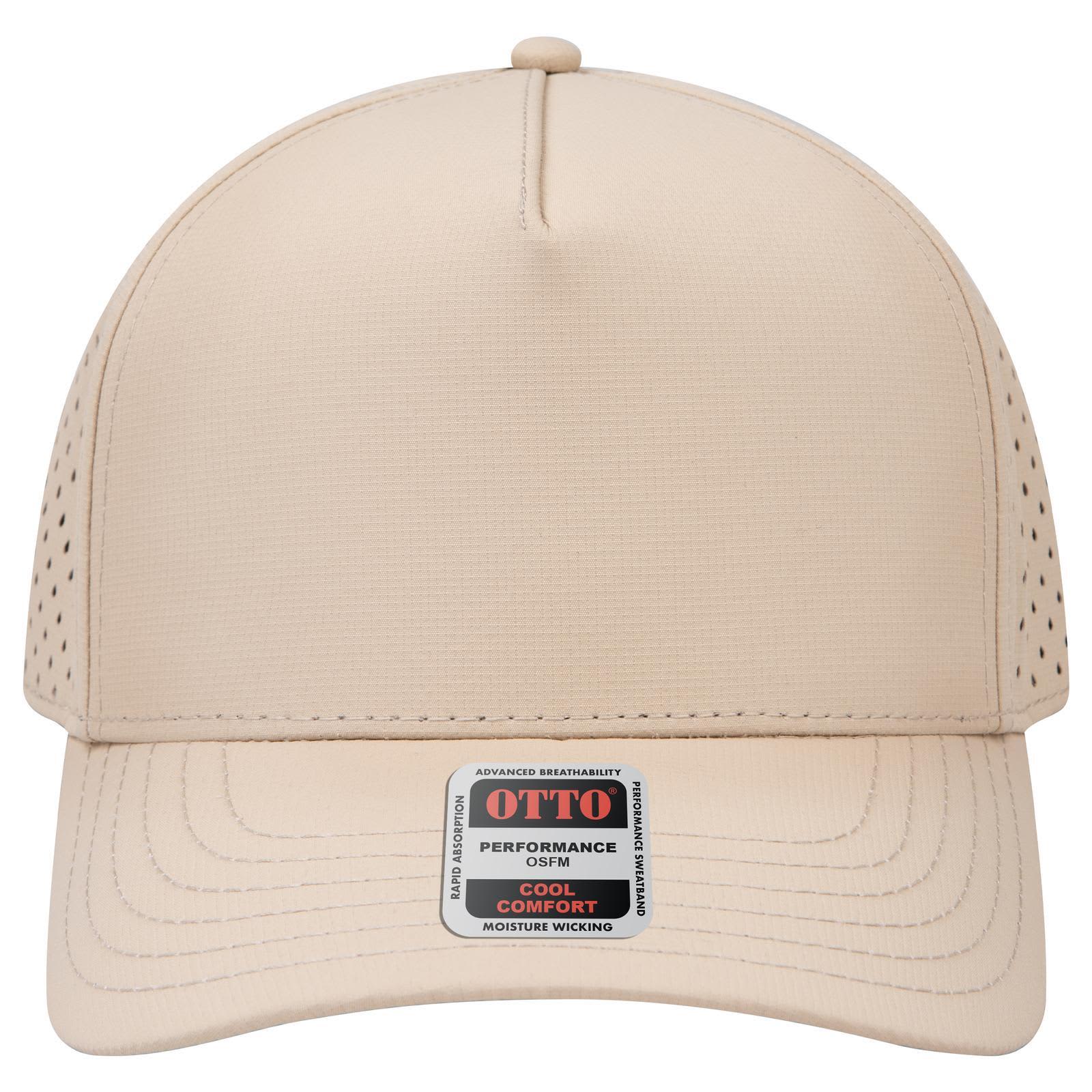 5 Panel Mid Profile Baseball Cap C3-31-4 A beige 5 panel mid-profile baseball cap featuring a perforated design and a branded label at the front.