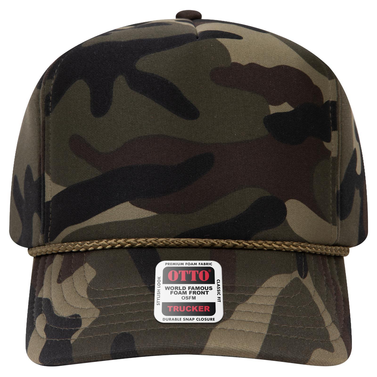 5 Panel High Crown Full Foam Cap C3-394-1 A camouflage 5-panel high crown full foam cap with a rope detail and a branded tag on the front.