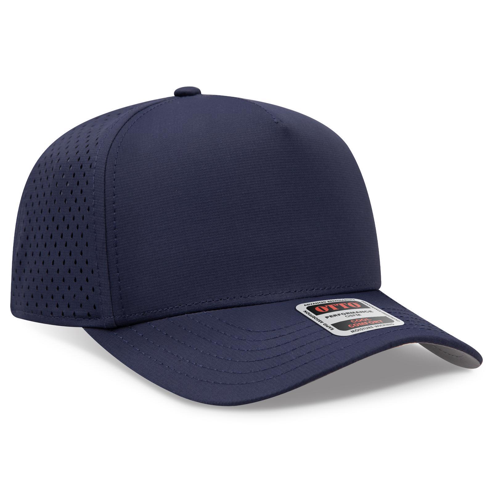 5 Panel Mid Profile Baseball Cap C3-31-4 A navy blue 5-panel mid-profile baseball cap with a perforated design and a branded tag.