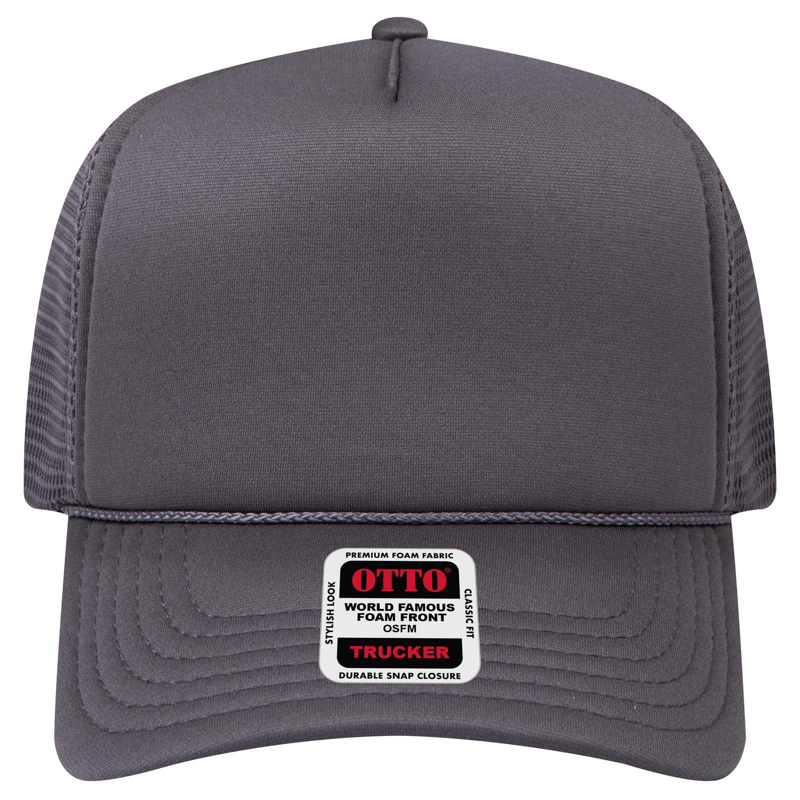 Comfy Fit 5 Panel High Crown Mesh Back Trucker Hat C3-39-167 A grey high crown mesh back trucker hat featuring a branded label on the front and a snap closure.