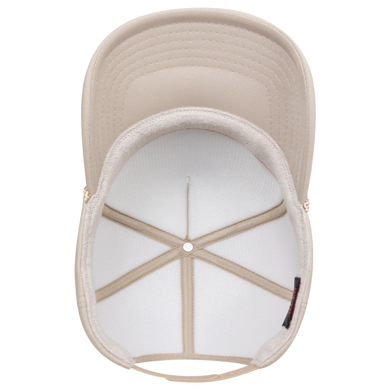 5 Panel High Crown Full Foam Cap C3-394-1 A beige 5 Panel High Crown Full Foam Cap with a structured crown and an interior lining. Features a logo on the side.