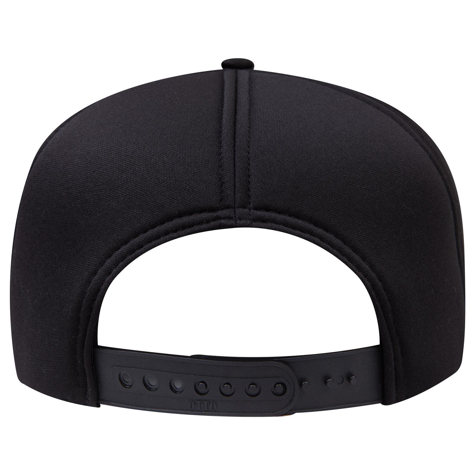 5 Panel High Crown Full Foam Cap C3-394-1 A black 5 panel high crown full foam cap featuring an adjustable strap at the back.