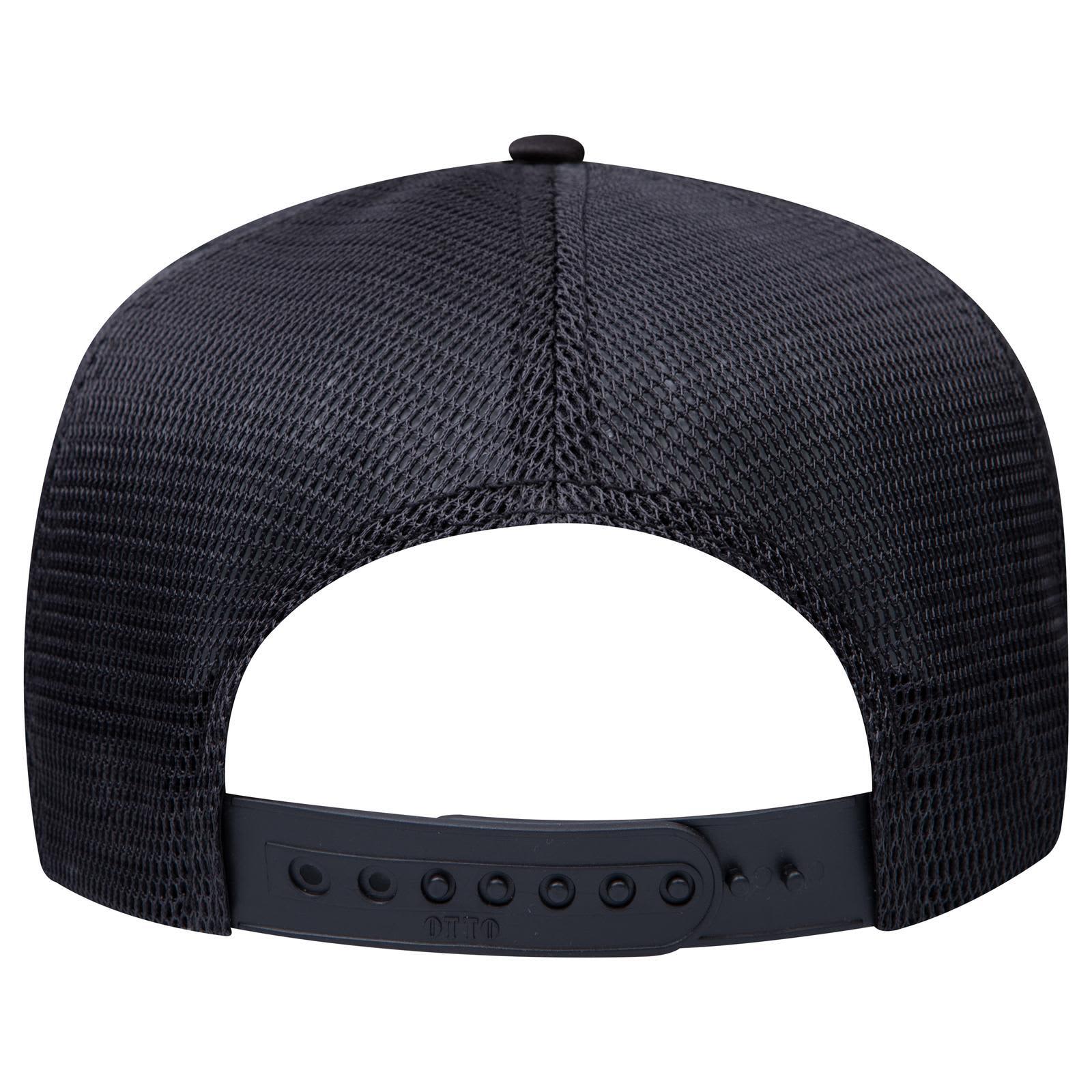 Comfy Fit 5 Panel High Crown Mesh Back Trucker Hat C3-39-167 A black high crown mesh back trucker hat featuring an adjustable strap and a logo on the back.